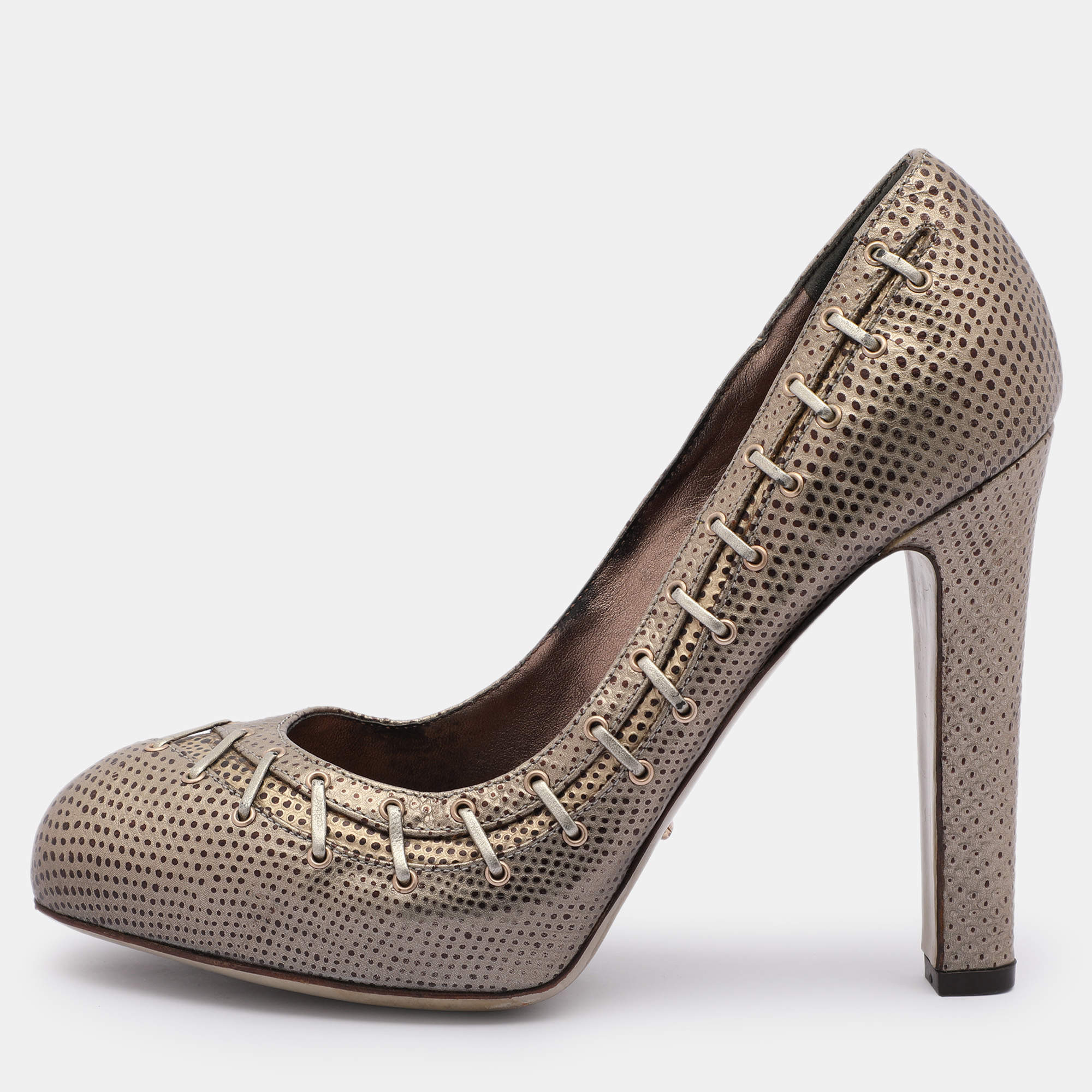 Sergio Rossi Silver/Brown Lizard Embossed Leather Embellished Pumps 37