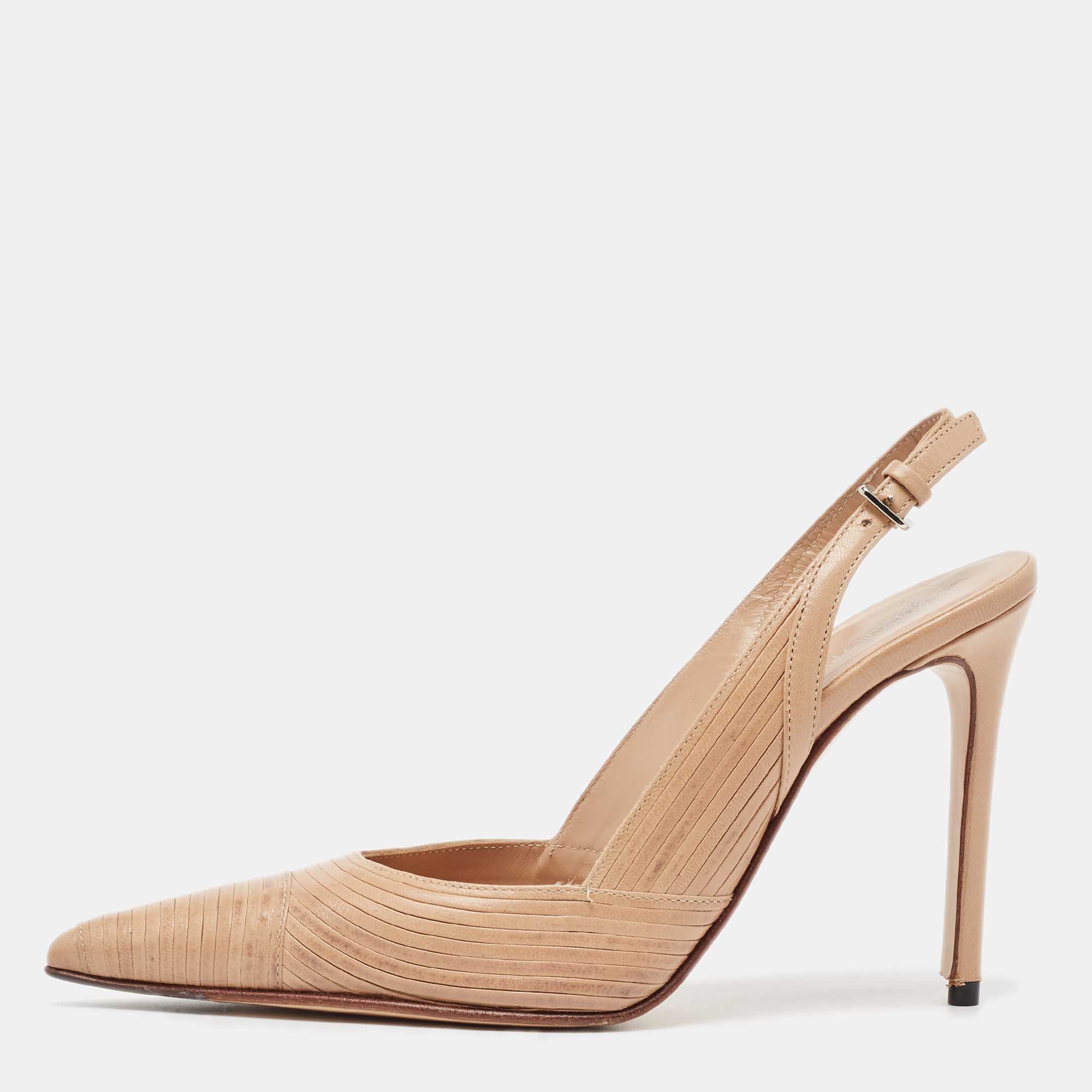 Pre Owned Sergio Rossi Beige Leather Slingback Pumps Size 34.5