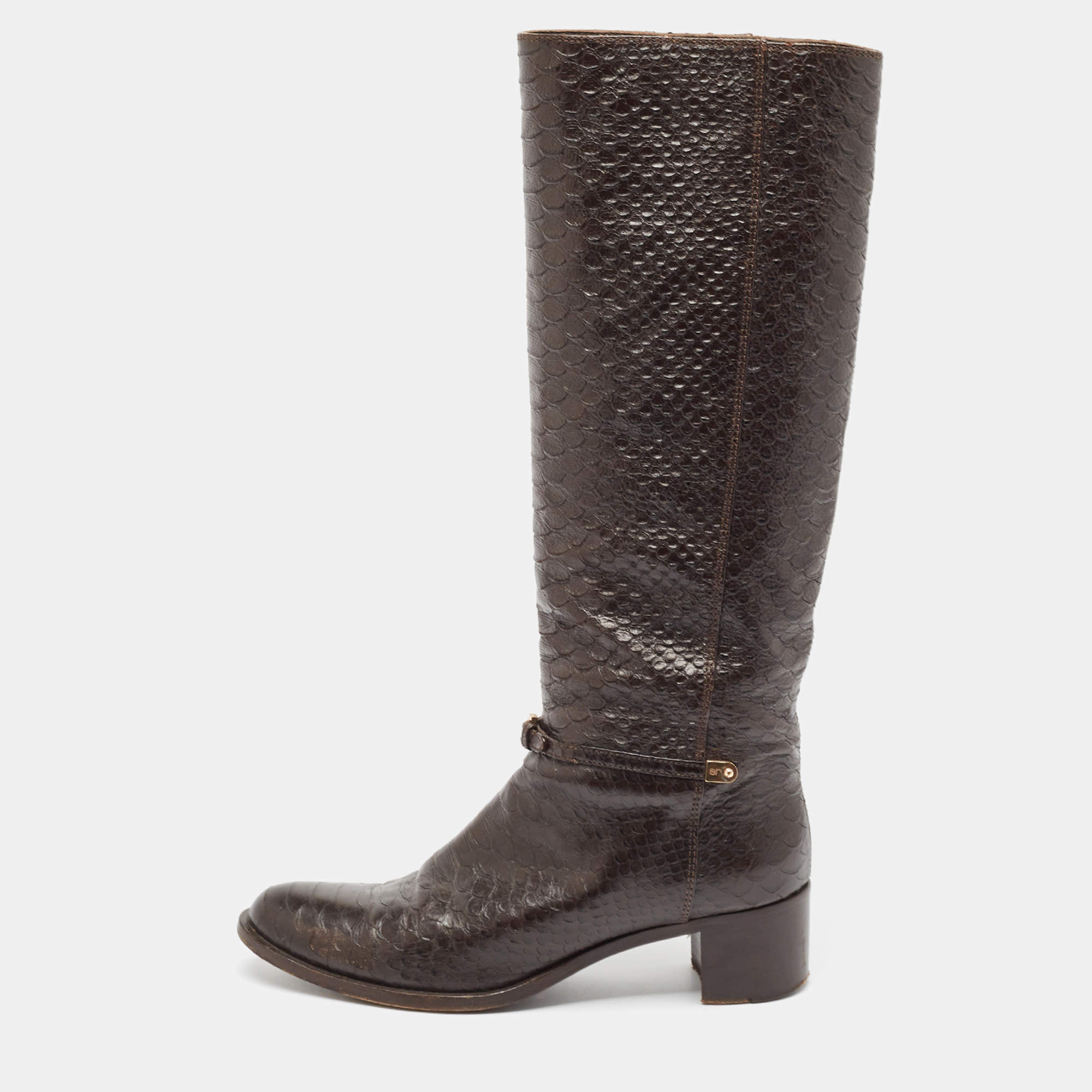 Sergio Rossi Brown Python Embossed Leather Knee Length Boots Size 38.5