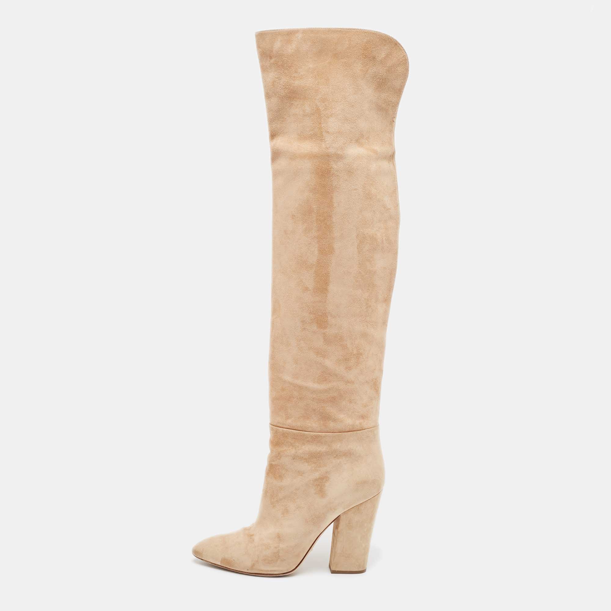 Pre Owned Sergio Rossi Beige Suede Knee Length Boots Size 39