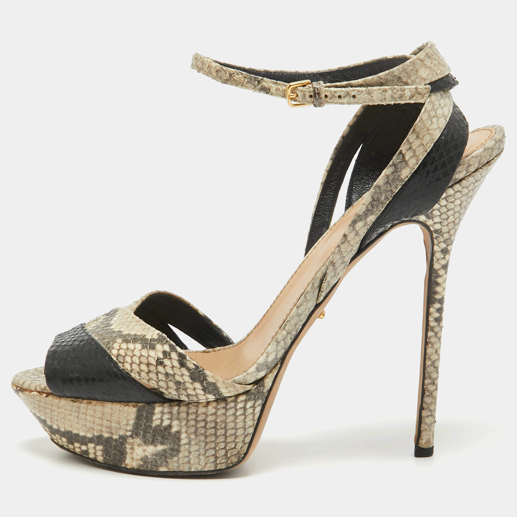 Sergio Rossi Grey Python Embossed Leather Ankle Strap Sandals Size 41