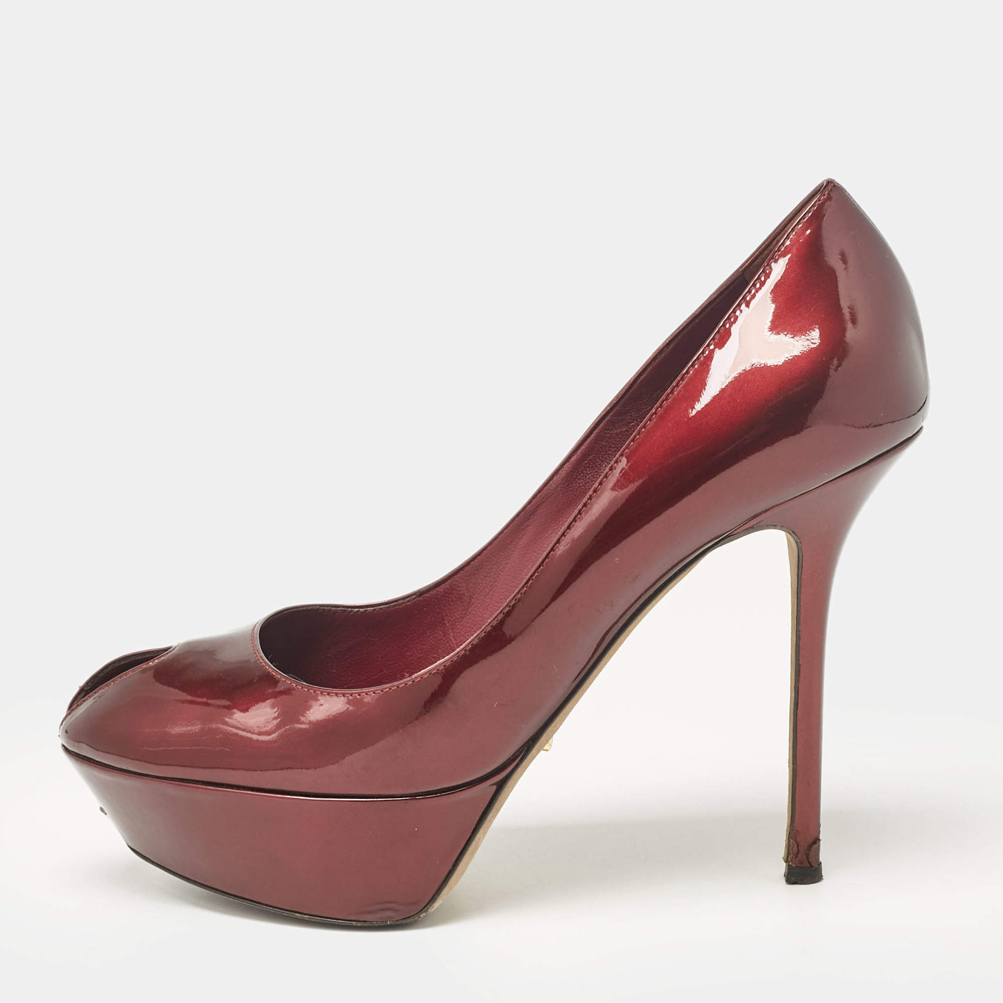 Pre Owned Sergio Rossi Burgundy Patent Leather Peep Toe Platform Pumps Size 38.5