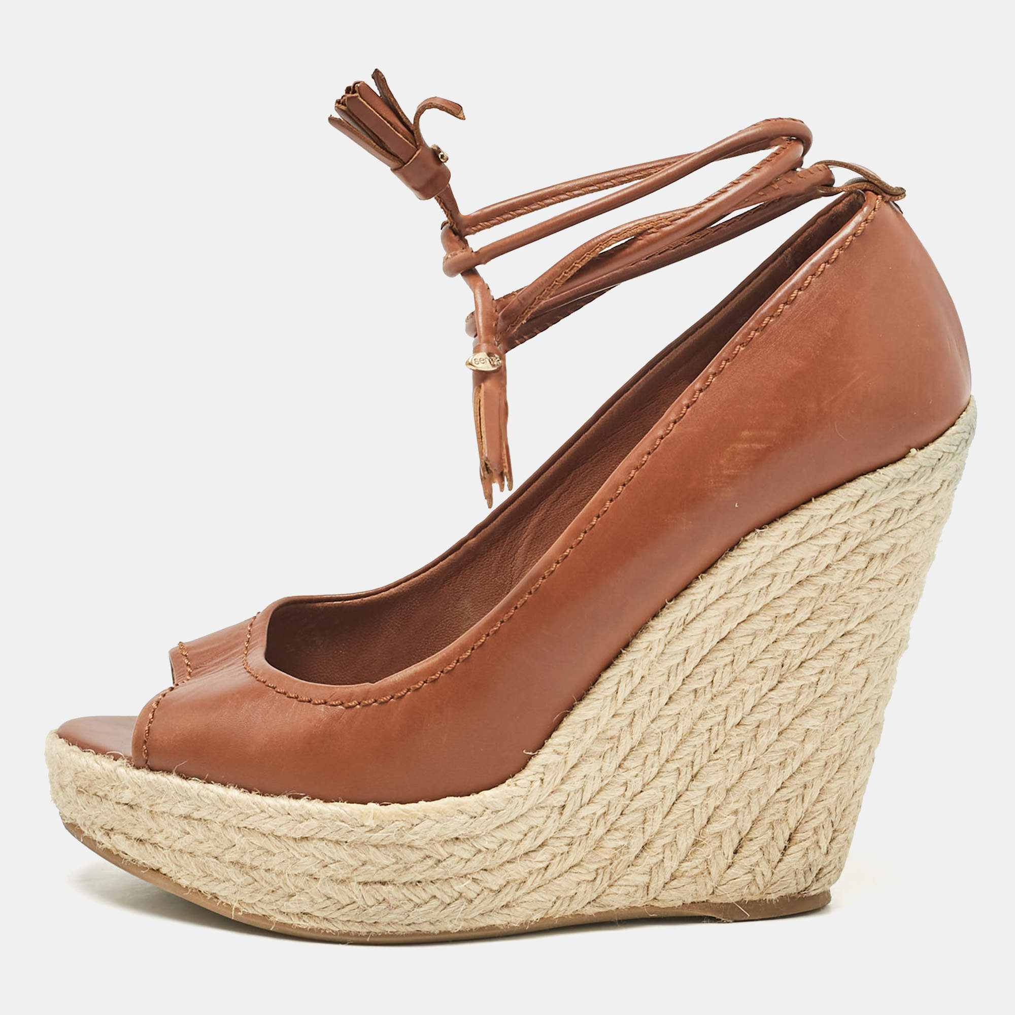 مملوكة مسبقًا Sergio Rossi Brown Leather Wedge Pumps Size 38