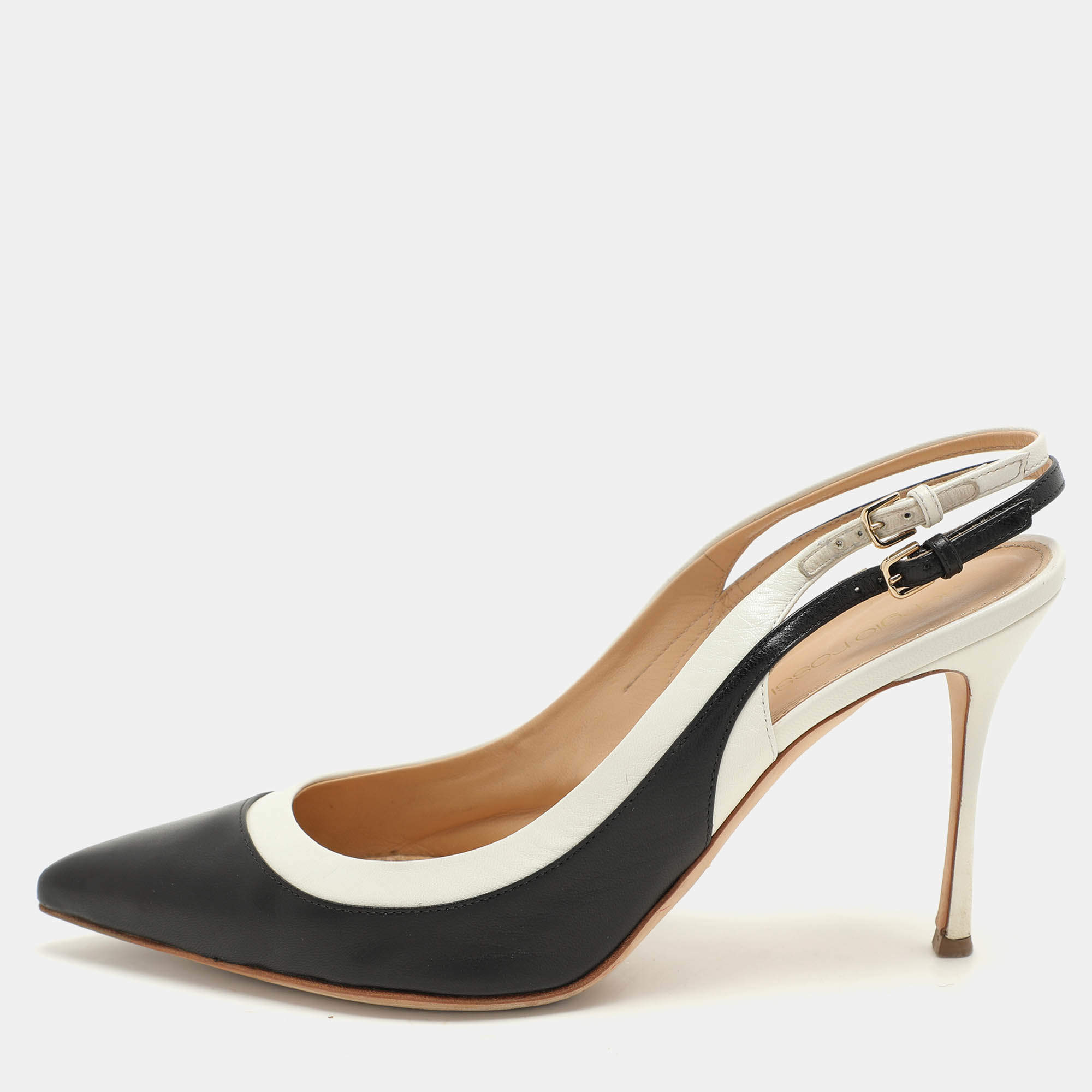 مملوكة مسبقًا Sergio Rossi Black/White Leather Slingback Pumps Size 39.5