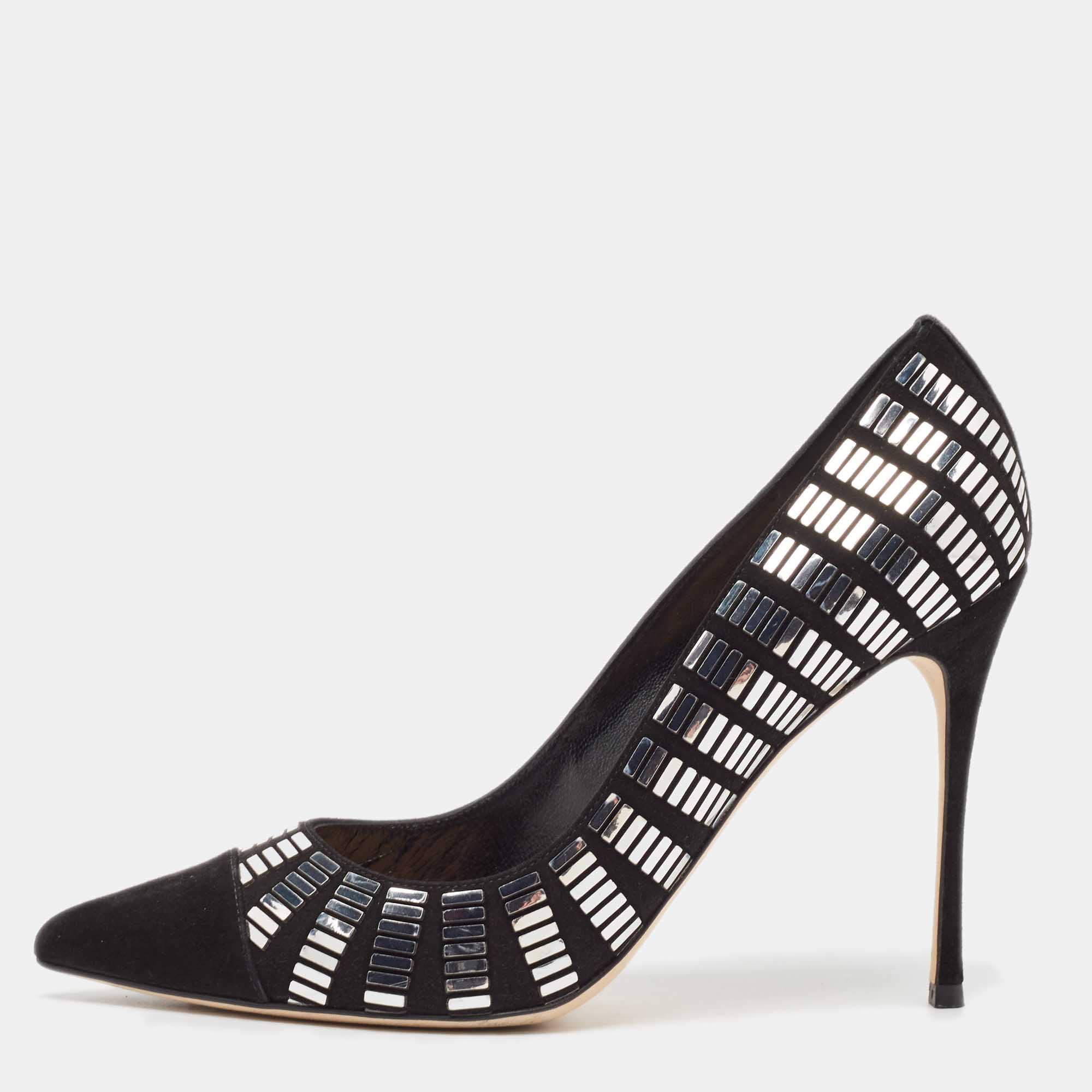 Pre Owned Sergio Rossi Black Suede Crystal Embellished Pointed Toe  Pumps Size 38.5