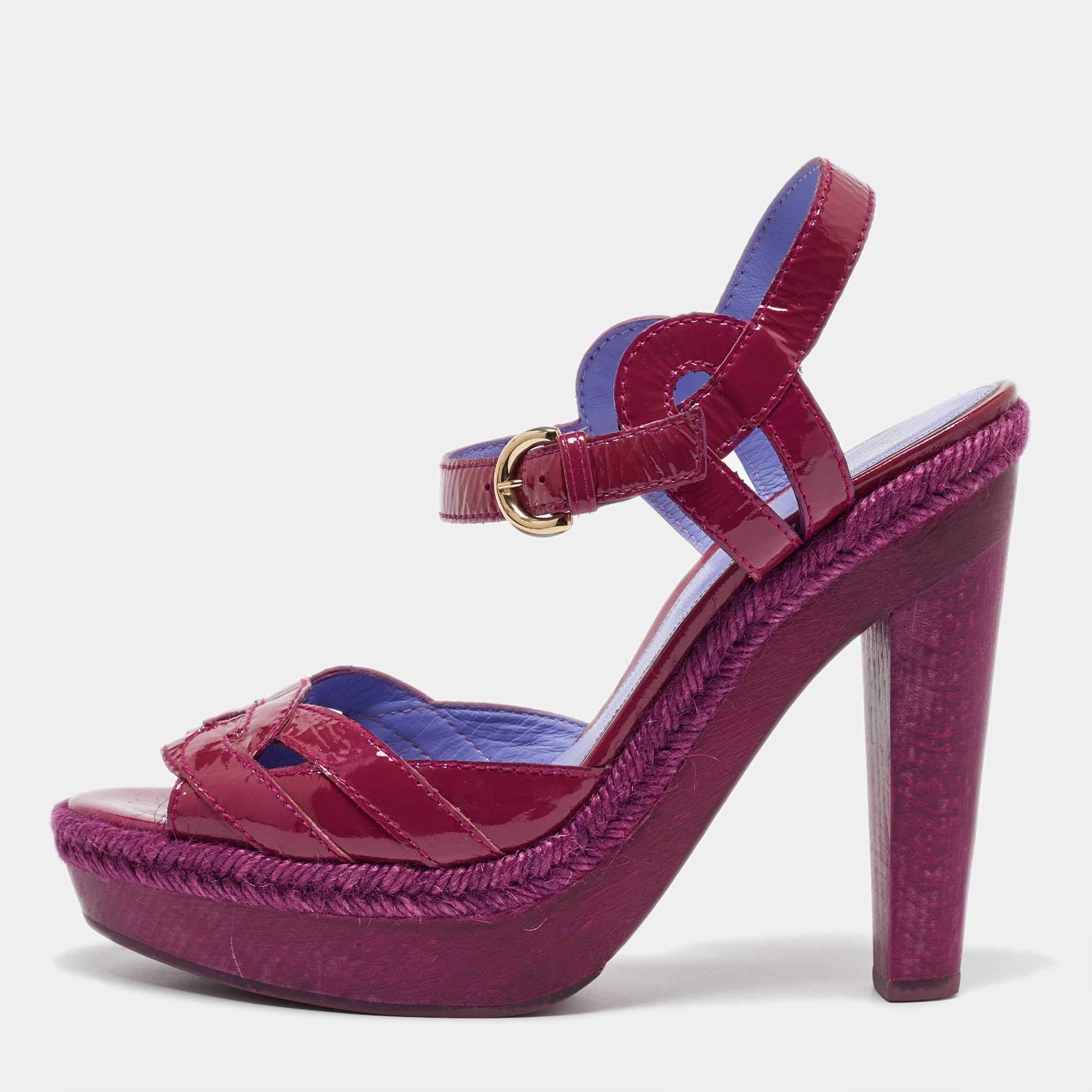 Sergio Rossi Pink Patent Leather Wooden Platform Ankle Strap Sandals Size 39