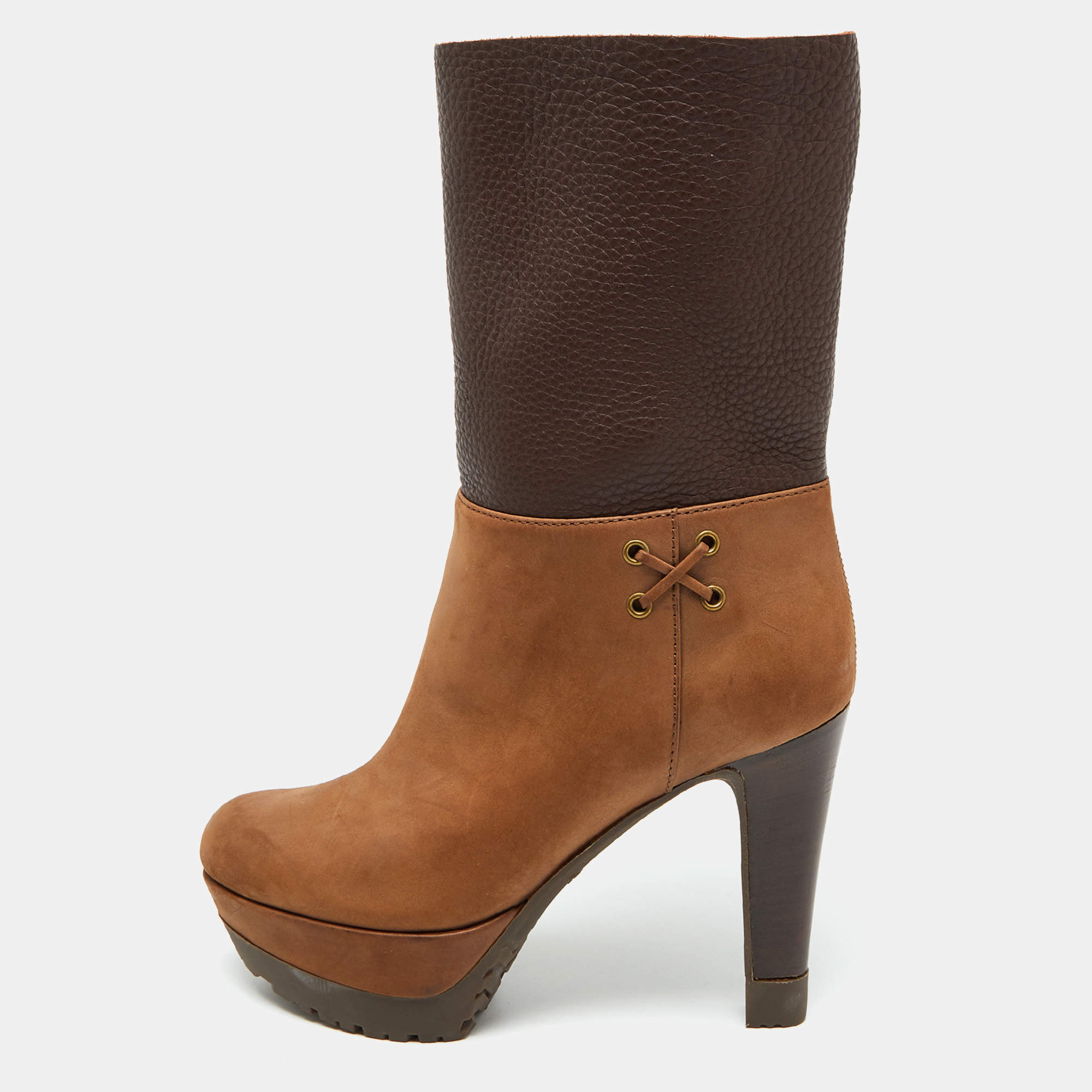 Pre Owned Sergio Rossi Brown Leather Platform Mid Calf Boots Size 35