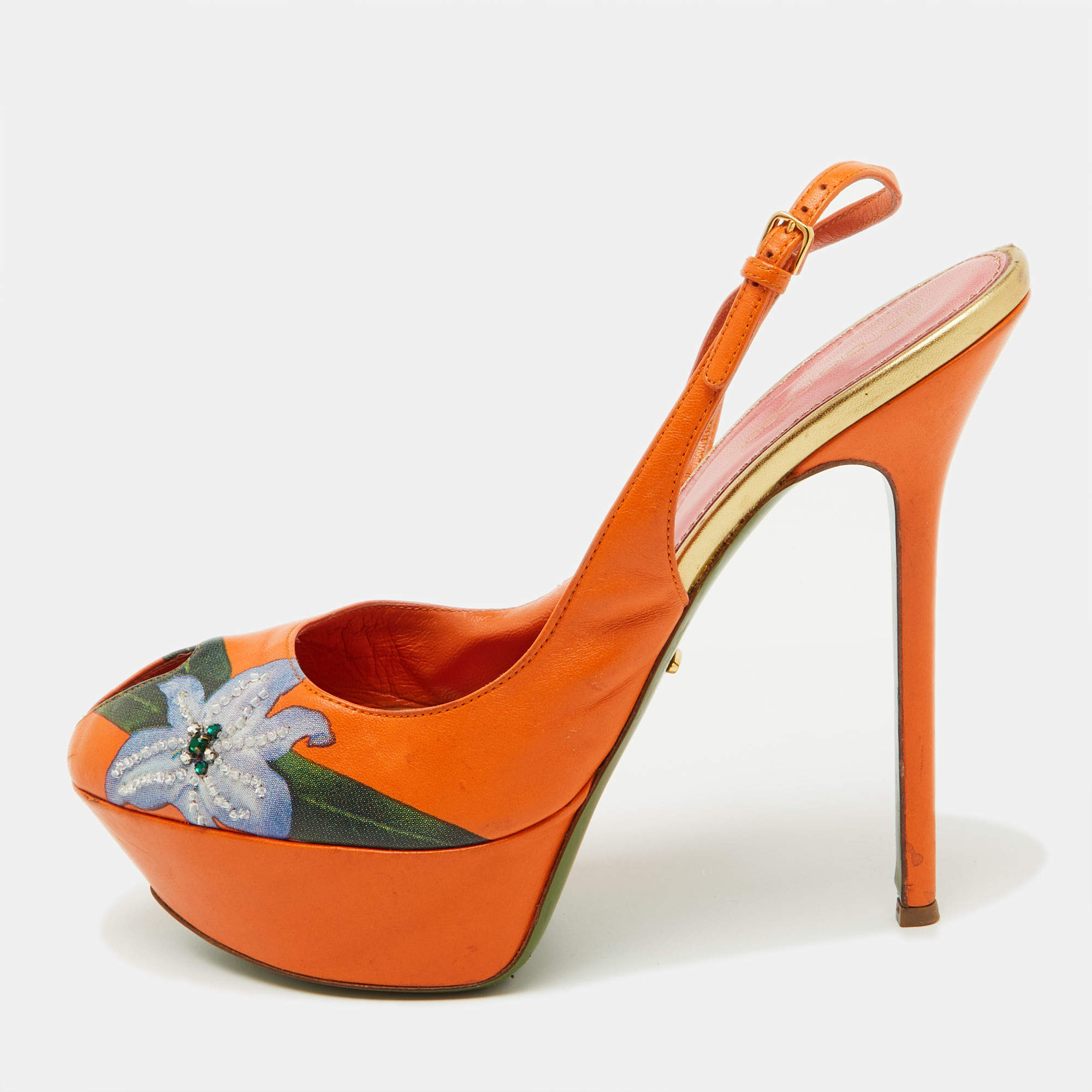 Sergio Rossi Orange Leather Floral Print Peep Toe Platform Slingback Sandals Size 40