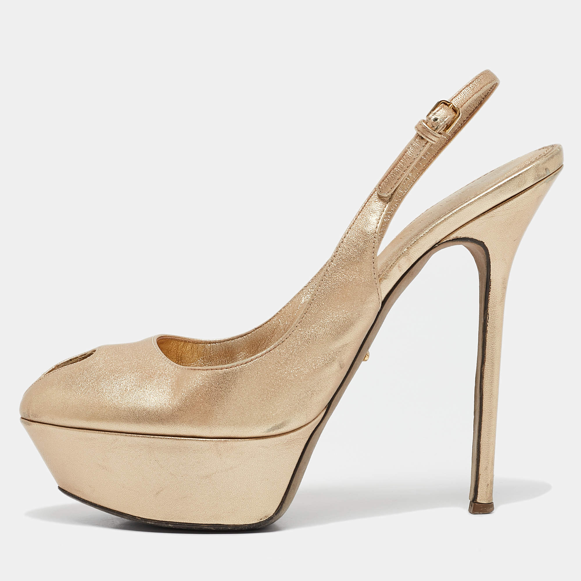 Sergio Rossi Gold Leather Peep Toe Platform Slingback Sandals Size 38