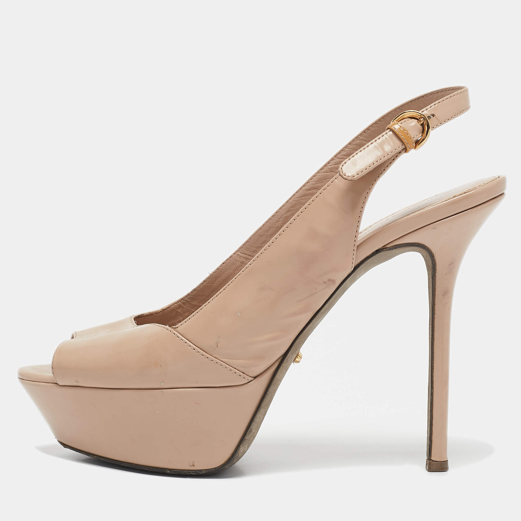 Sergio Rossi Beige Patent Leather Peep Toe Platform Slingback Pumps Size 36.5