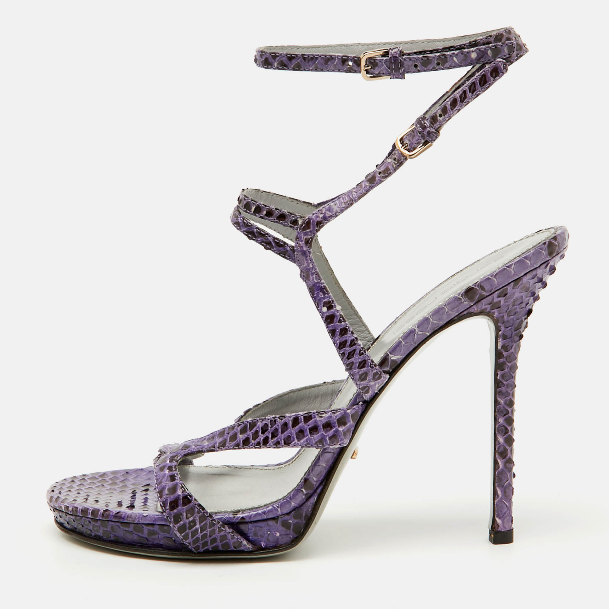 Sergio Rossi Purple/Brown Snakeskin Ankle Strap Sandals Size 37.5