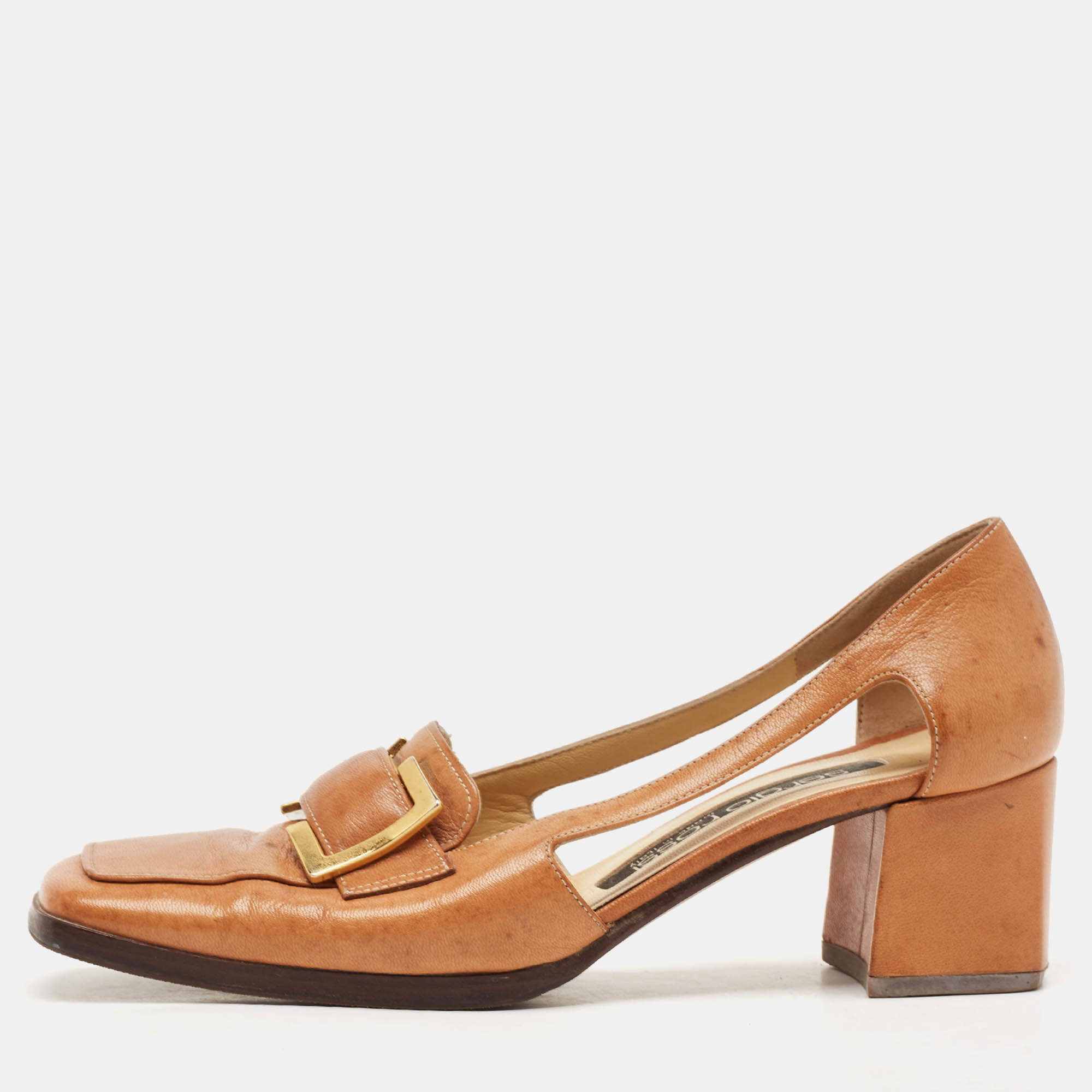 Sergio Rossi Tan Leather Buckle Detailed Square Toe Pumps Size 36