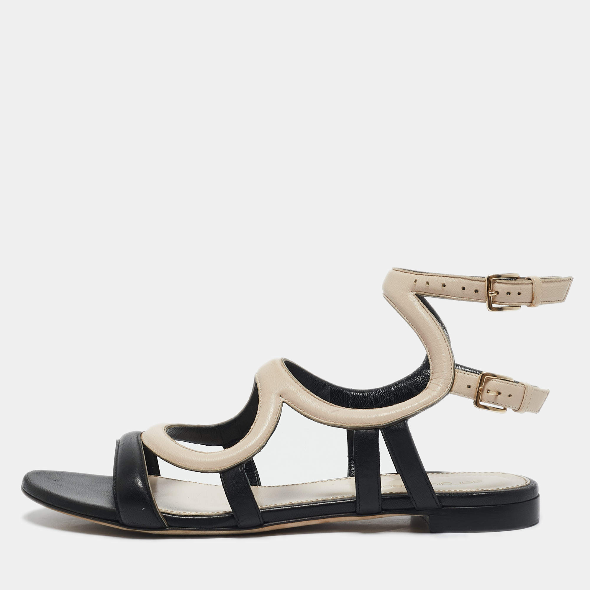 Sergio Rossi Beige/Black Leather Ankle Strap Flat Sandals Size 39