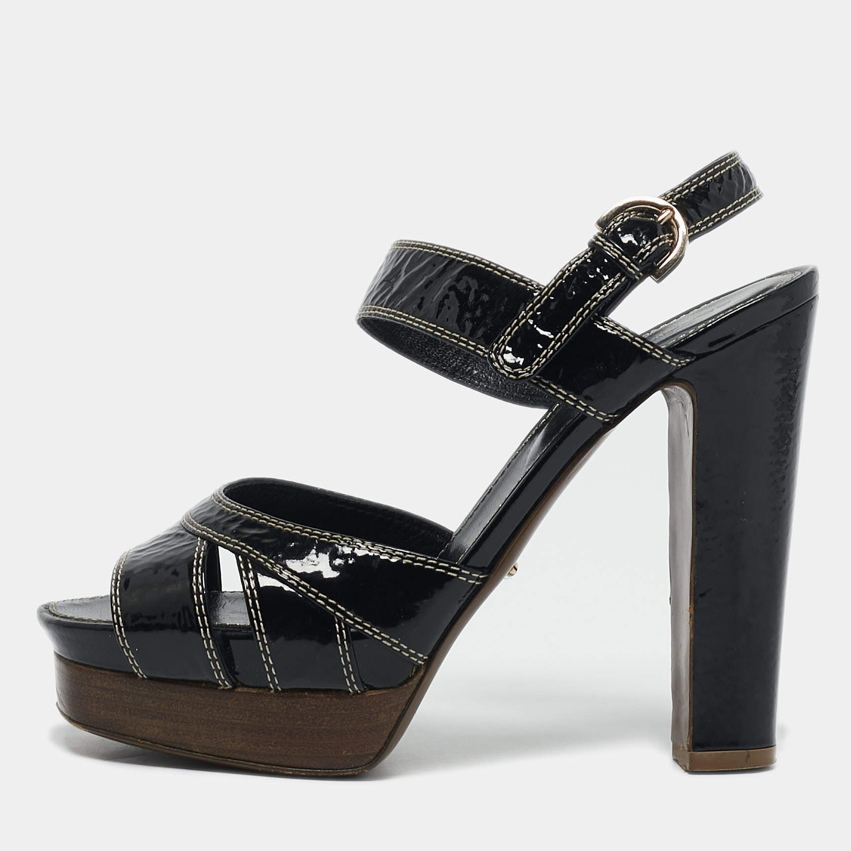 Sergio Rossi Black Patent Leather Platform Ankle Strap Sandals Size 37.5