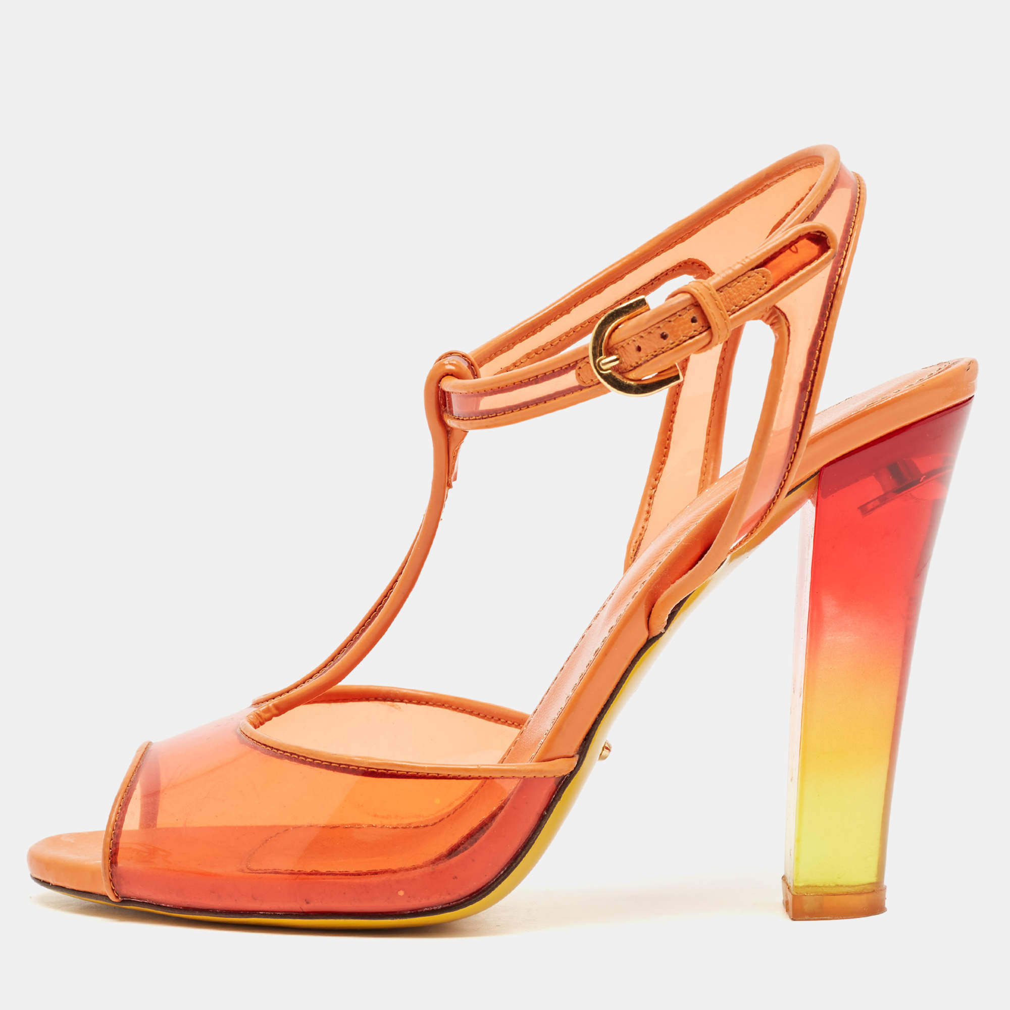 Sergio Rossi Orange Patent Leather and PVC Open Toe T-Strap Sandals Size 37