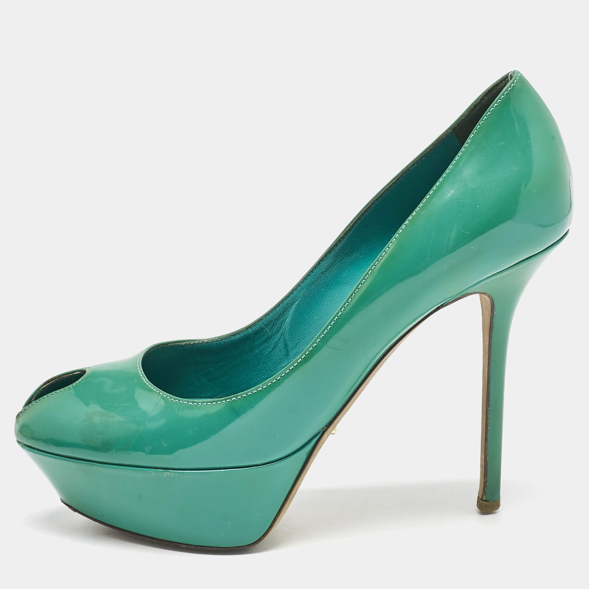 Pre Owned Sergio Rossi Green Patent Leather Peep Toe Platform Pumps Size 38
