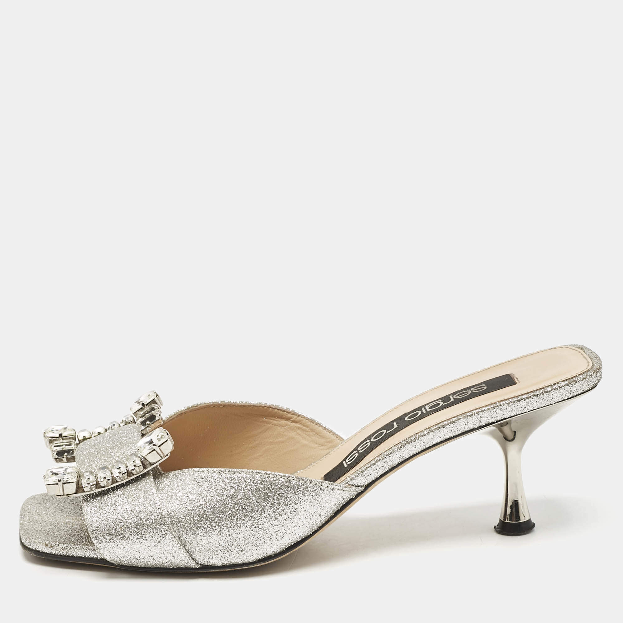 Sergio Rossi Silver Glitter Crystal Embellished Mules Size 38