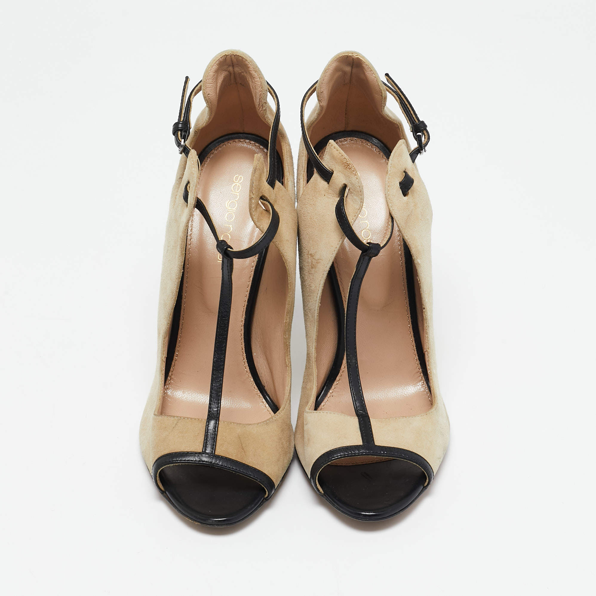 Pre Owned Sergio Rossi Beige/Black Leather and  Suede T-strap Pumps Sandals Size 38