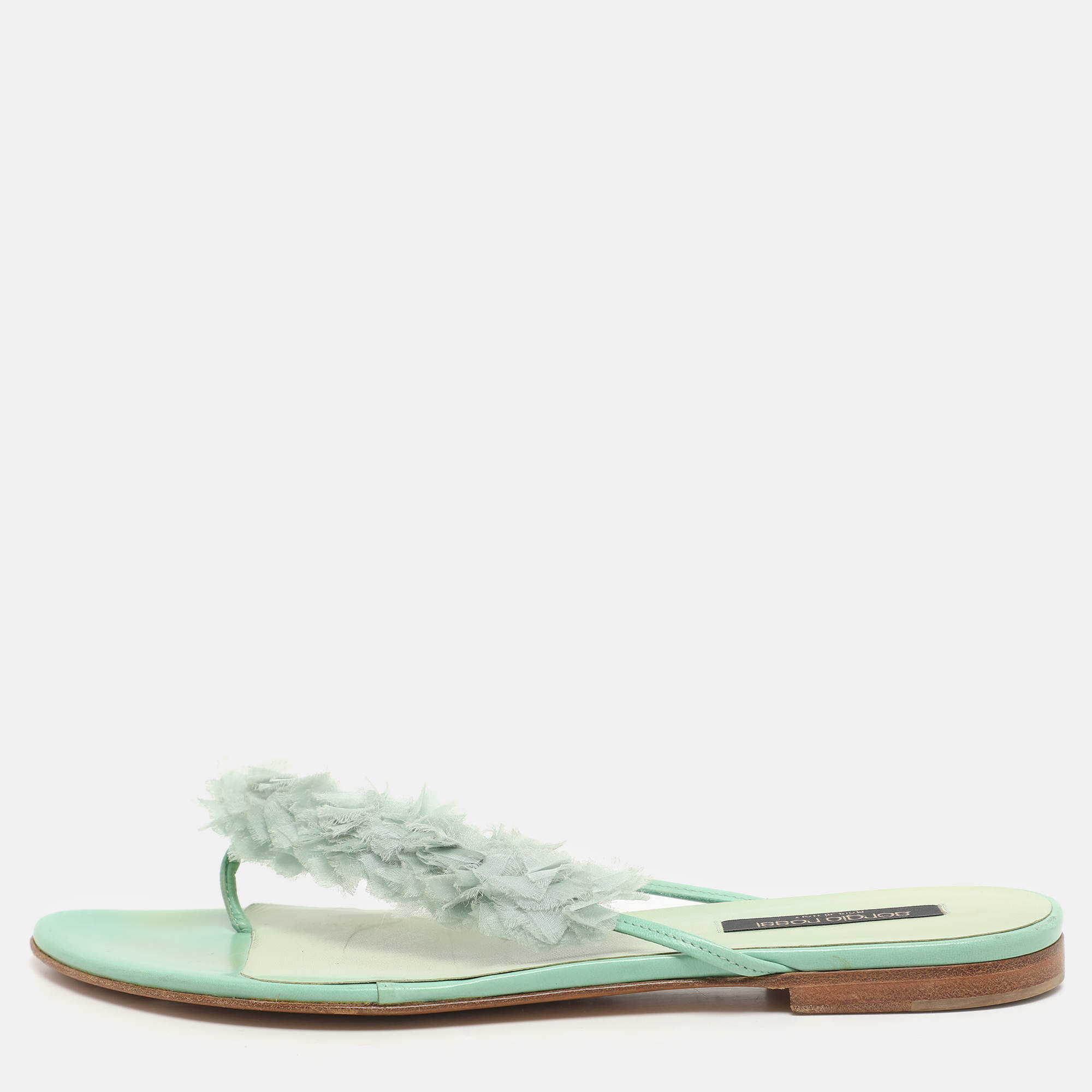 Sergio Rossi Green Leather and Polyester Thong Flats Size 39