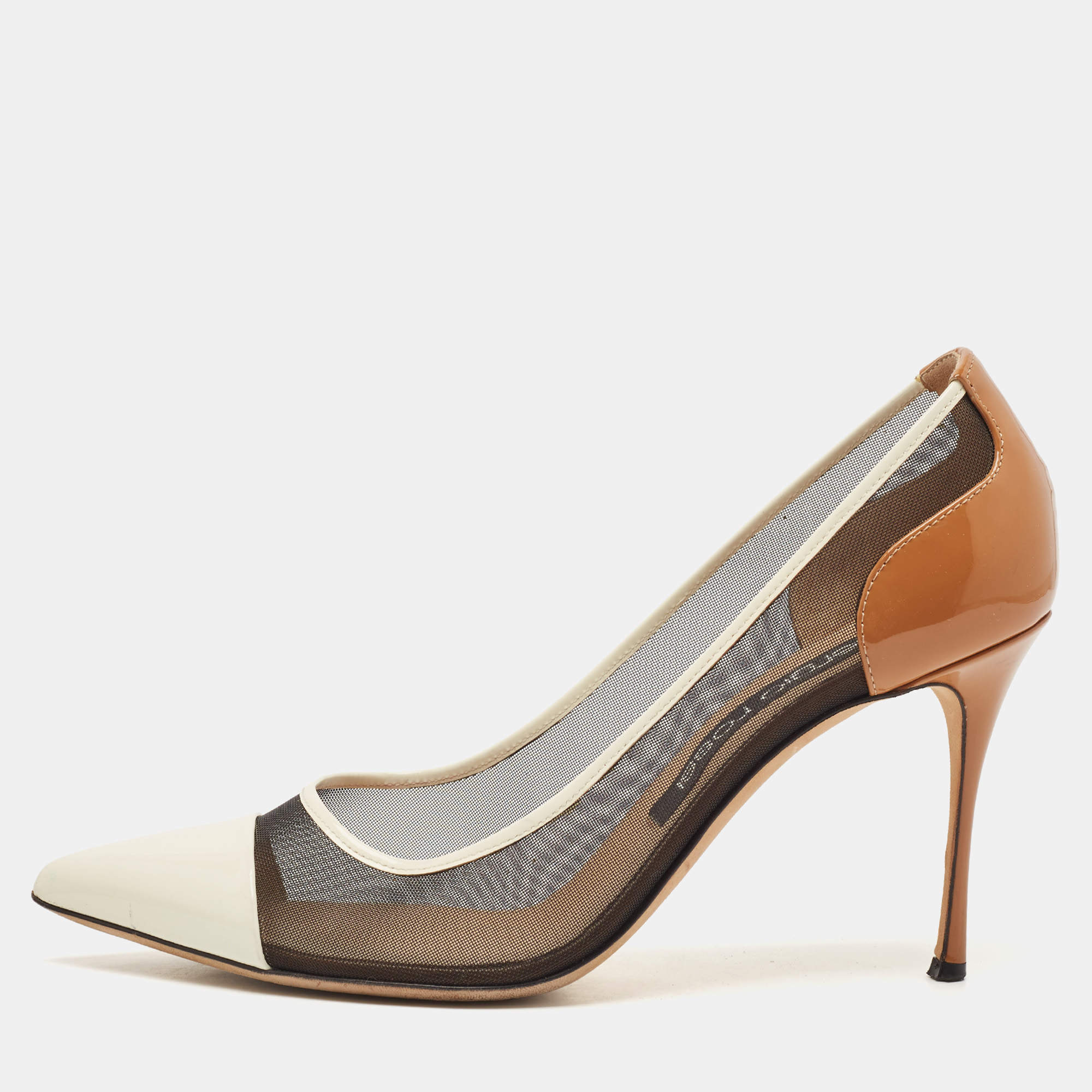 Pre Owned حذاء كعب عالي سيرجيو روسي مقدمة مدببة شبكة جلد لامع أبيض/بني مقاس 40.5