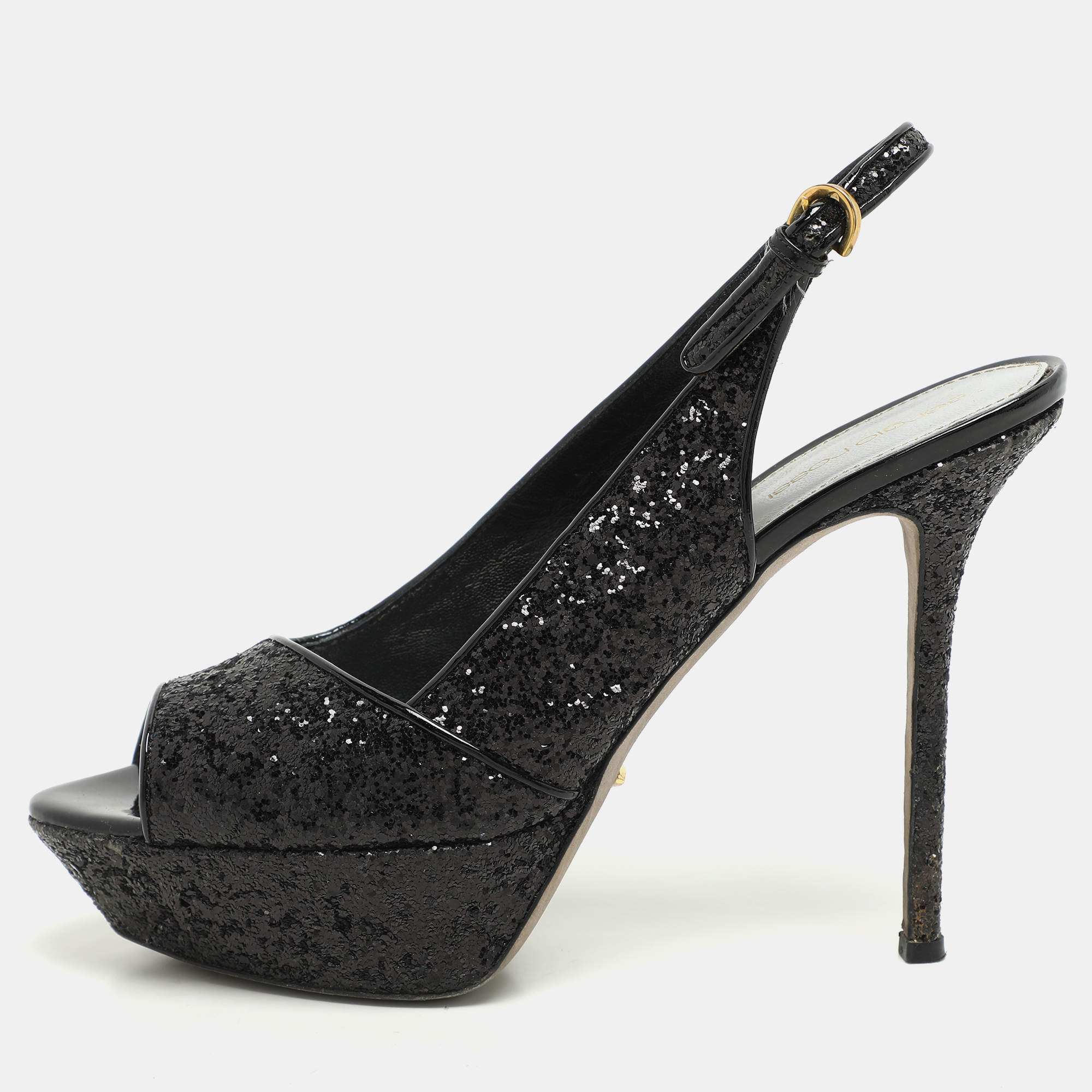 Sergio Rossi Metallic Black Glitter Slingback Platform Sandals Size 41