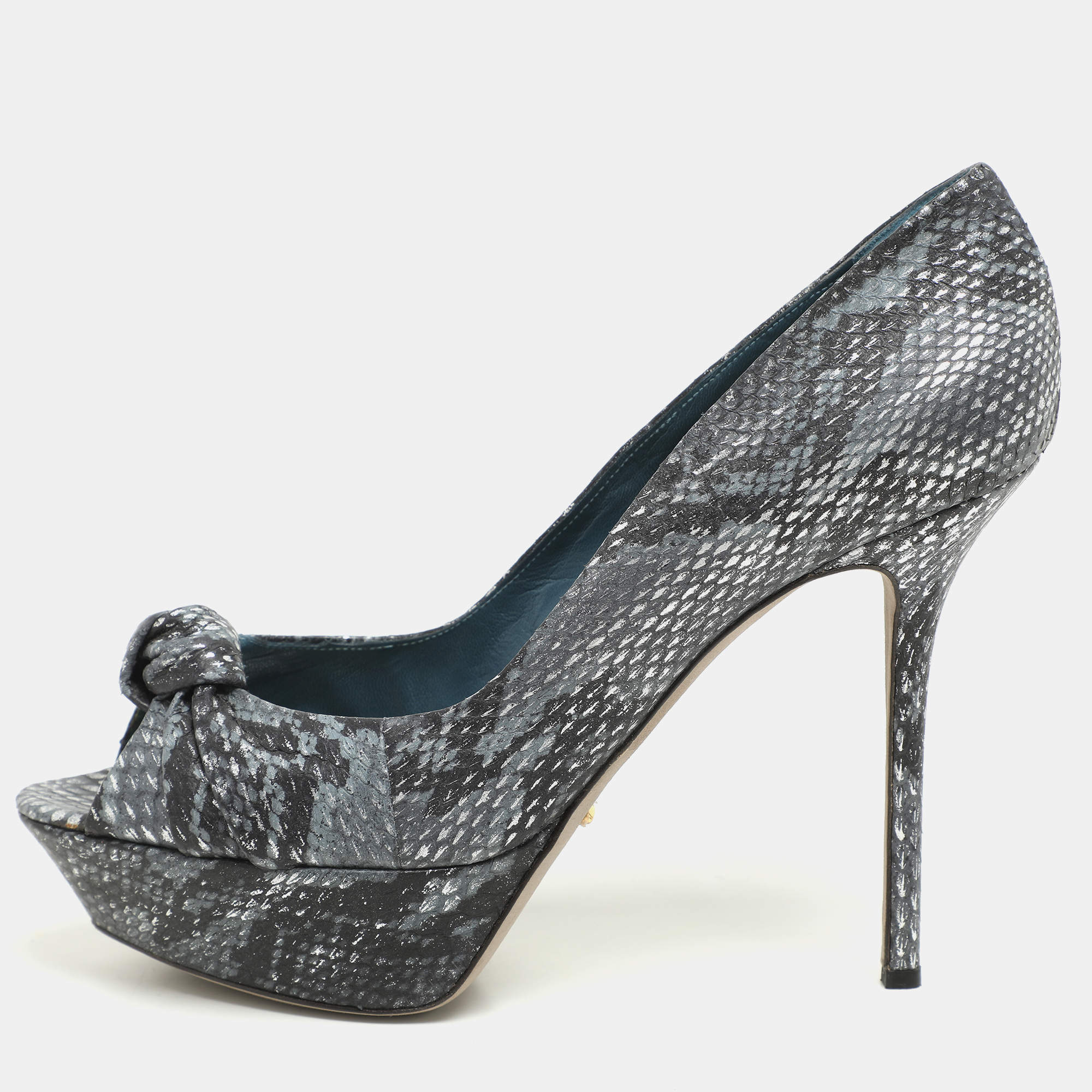 Sergio Rossi Grey/Black Python Knotted Peep Toe Platform Pumps Size 41