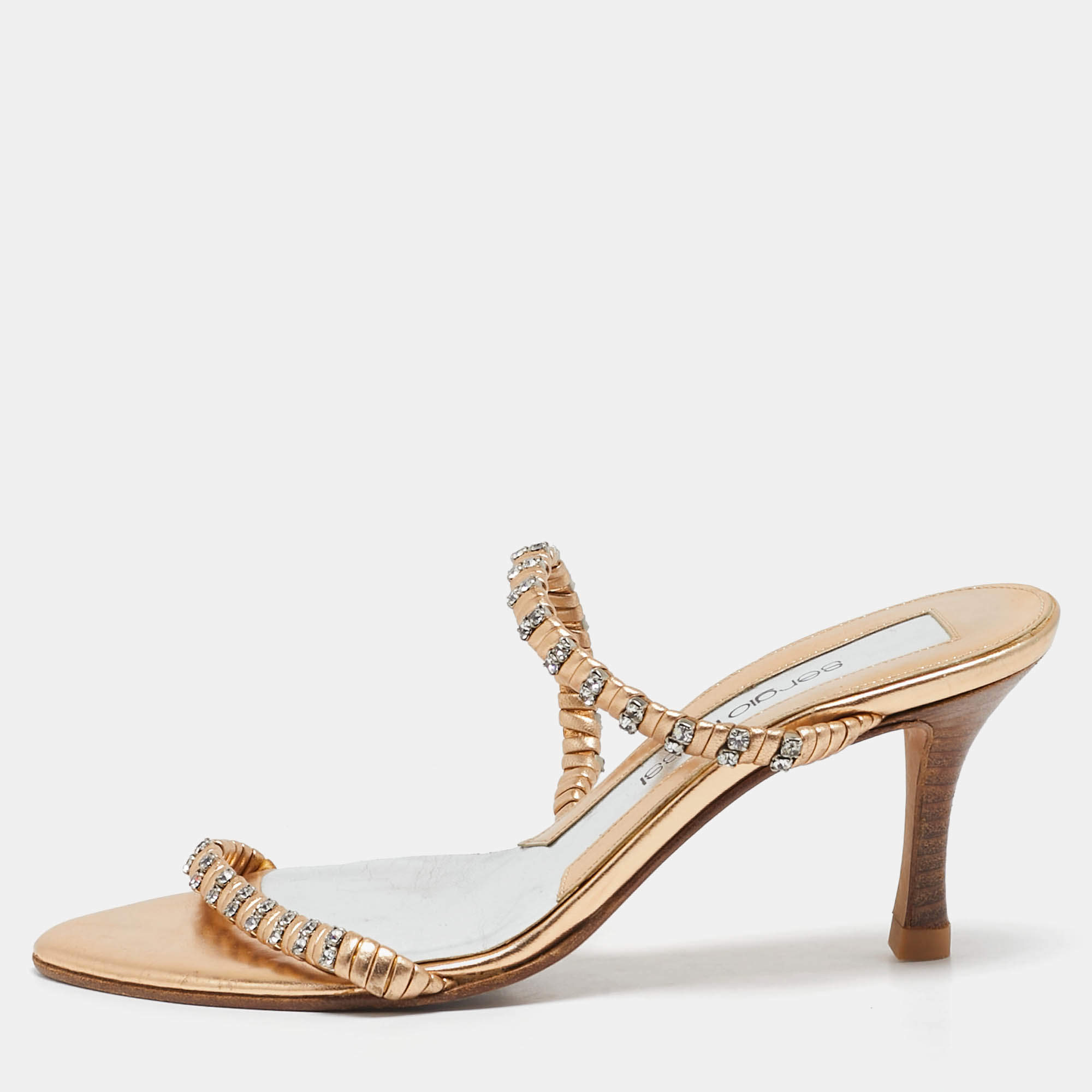 Sergio Rossi Gold Leather Crystal Embellished  Slide Sandals Size 35