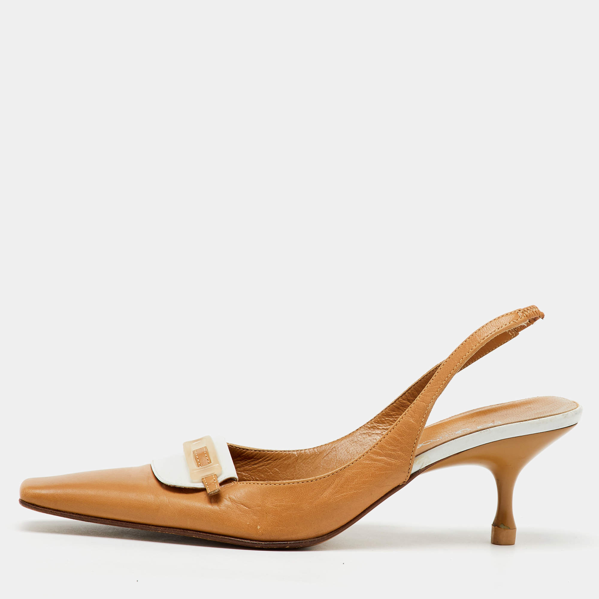 Pre Owned Sergio Rossi Beige/White Leather Slingback Pumps Size 35