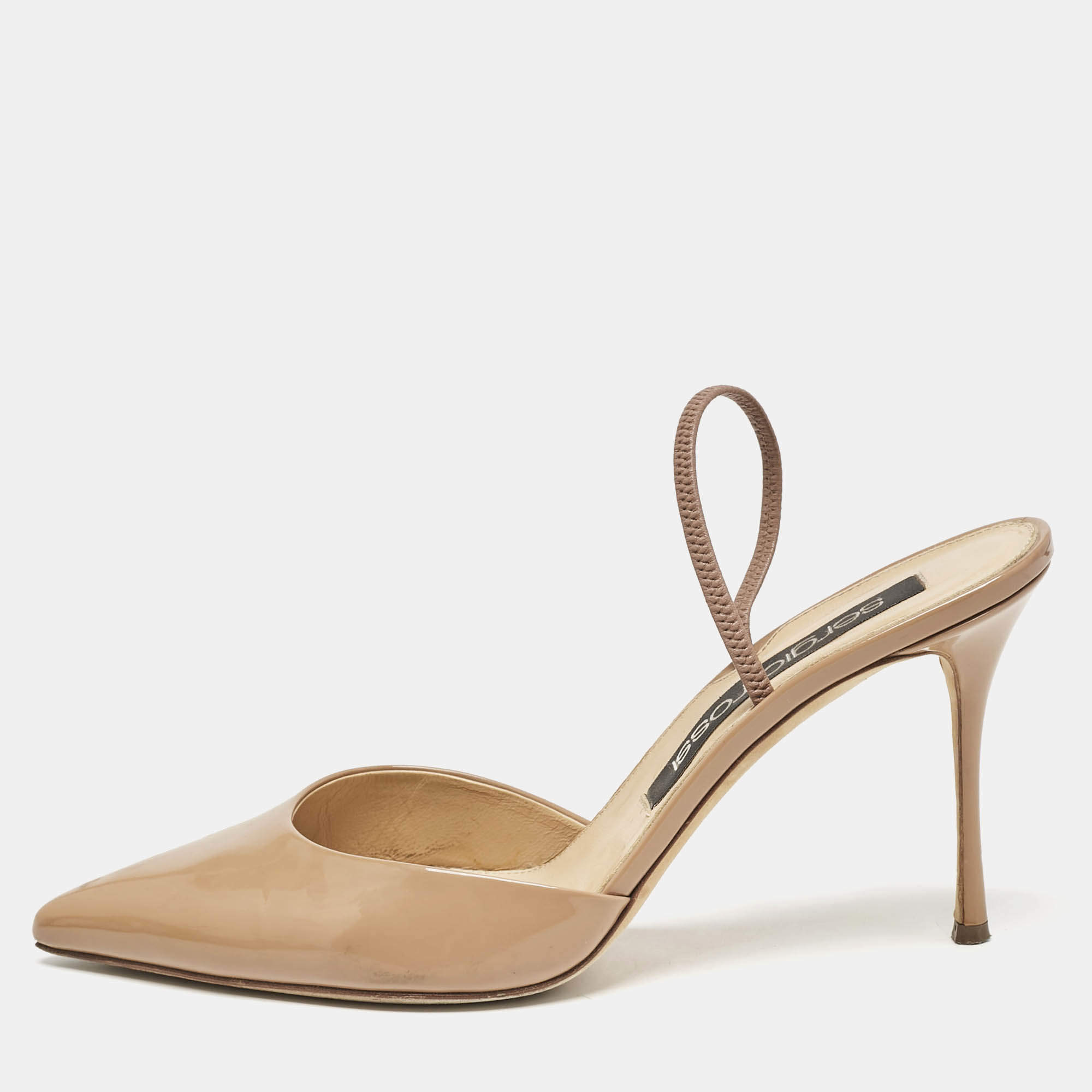 Sergio Rossi Beige Patent Leather Godiva Pointed Toe Slingback Pumps Size 40