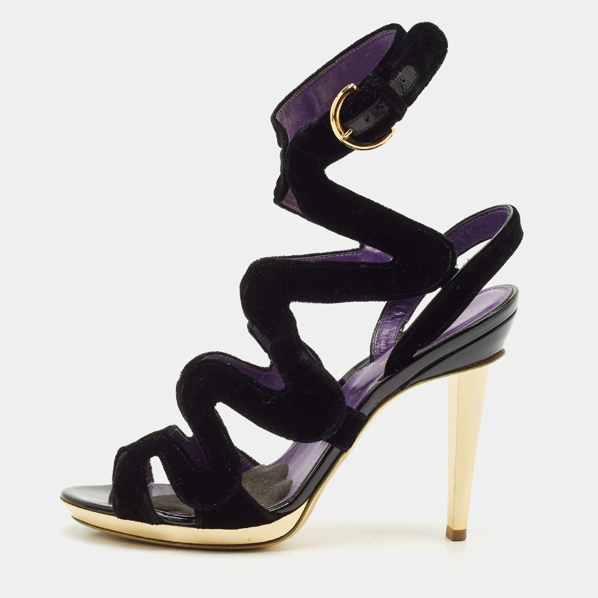 Pre Owned Sergio Rossi Black Velvet Strappy Sandals Size 38.5