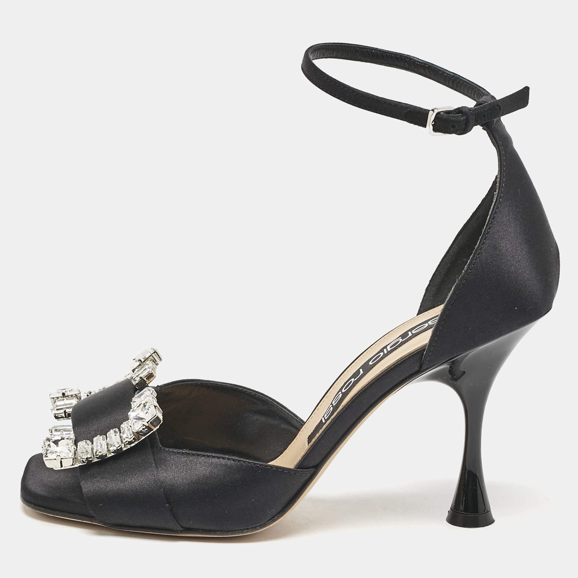 Sergio Rossi Black Satin Crystal Embellished Ankle Strap Sandals Size 38