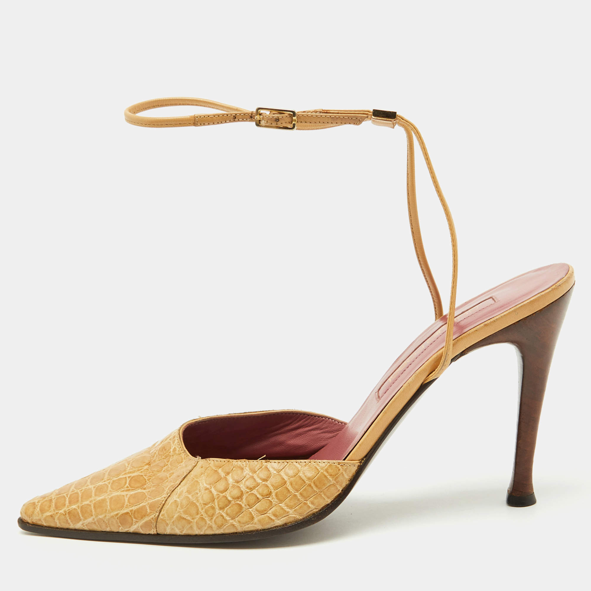 Sergio Rossi Beige Crocodile Leather Pointed Toe Ankle Strap Pumps Size 38.5