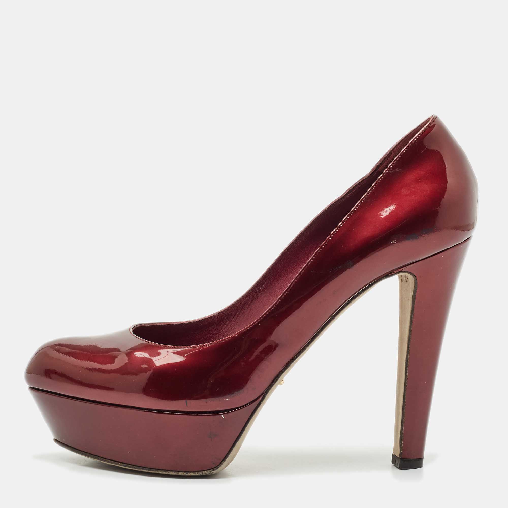 Pre Owned Sergio Rossi Burgundy  Patent Leather Platform Pumps Size 40.5
