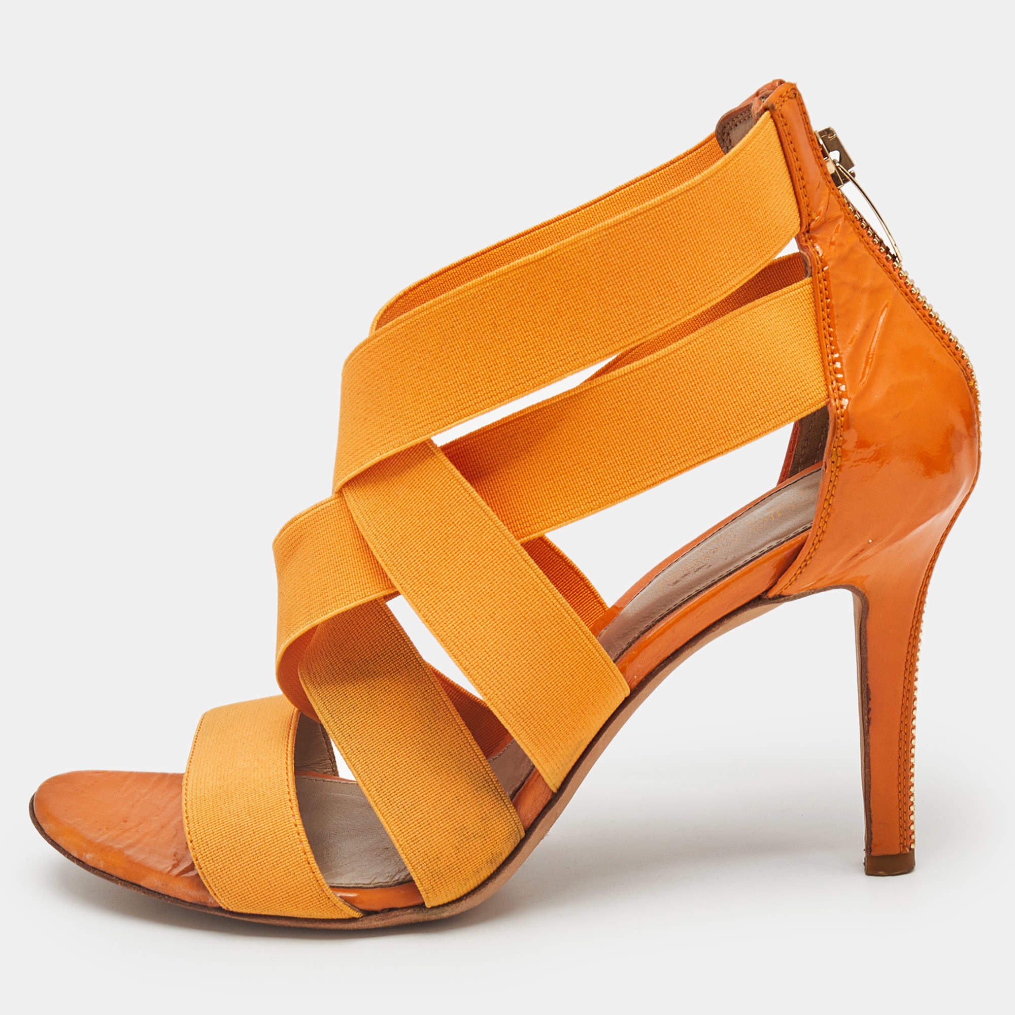 Pre Owned Sergio Rossi Orange  Leather and Elastic Strappy Sandals Size 37.5
