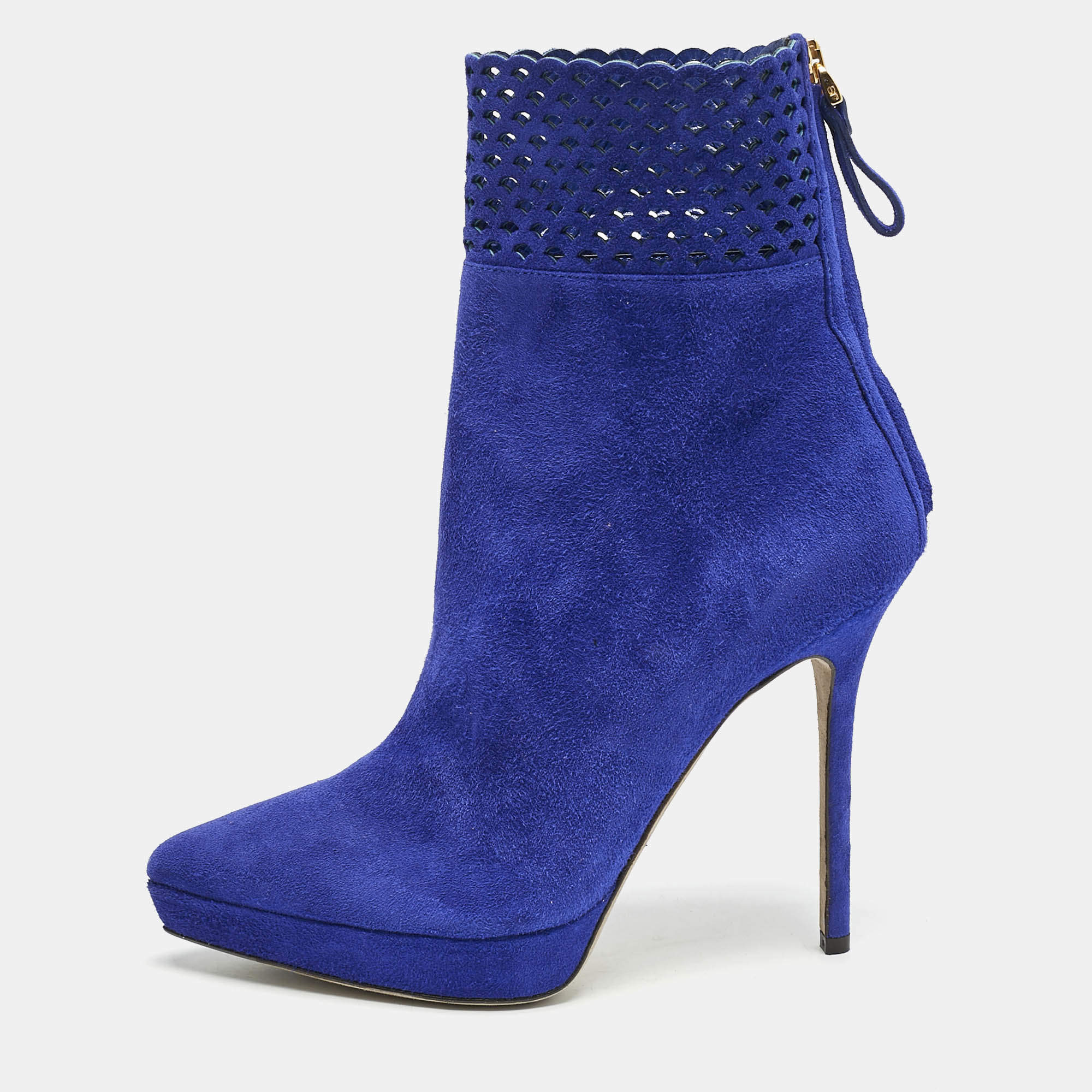 Sergio Rossi Blue Suede Pointed Toe Platform Ankle Boots Size 37