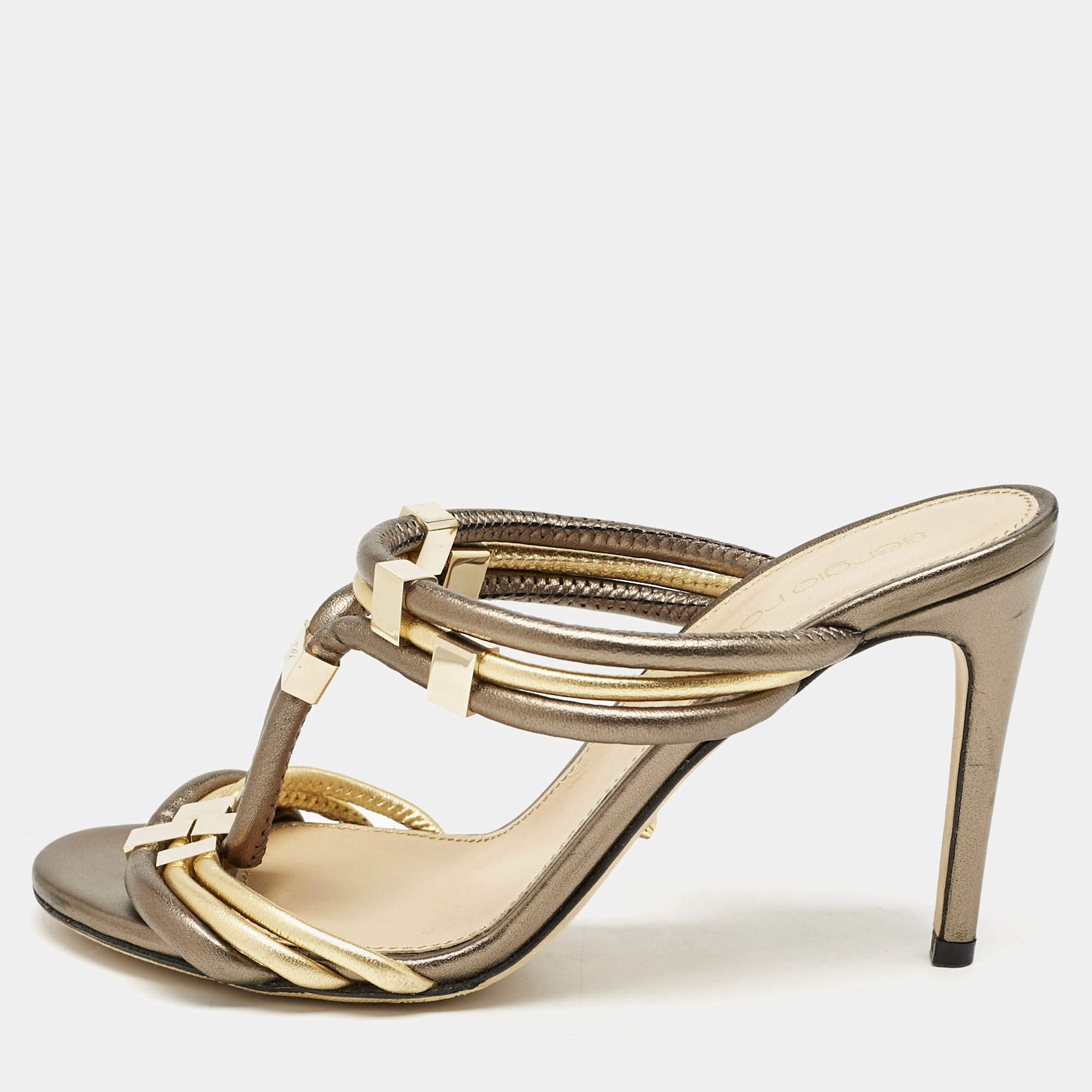 Sergio Rossi Green/Gold Leather T Strap Slide Sandals Size 35