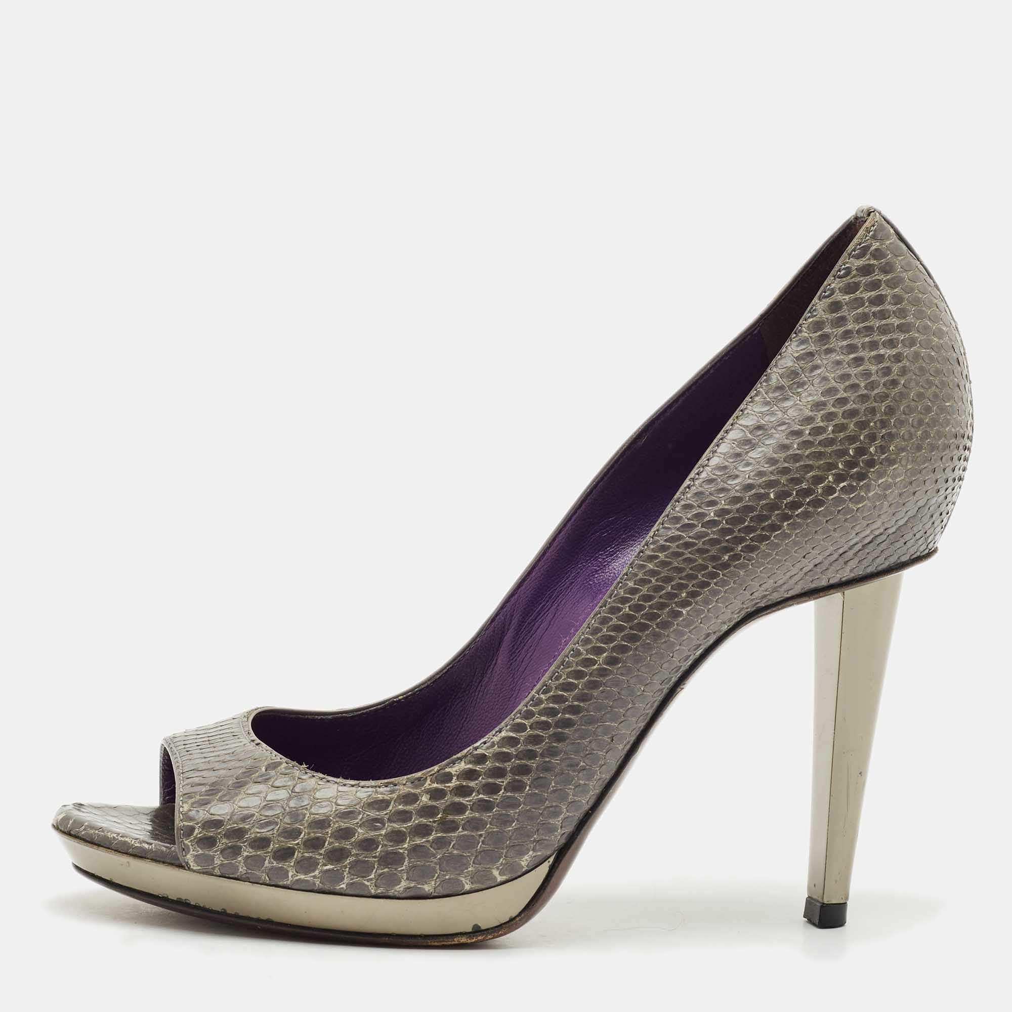 Sergio Rossi Dark Grey Snakeskin Leather Open Toe Pumps Size 37
