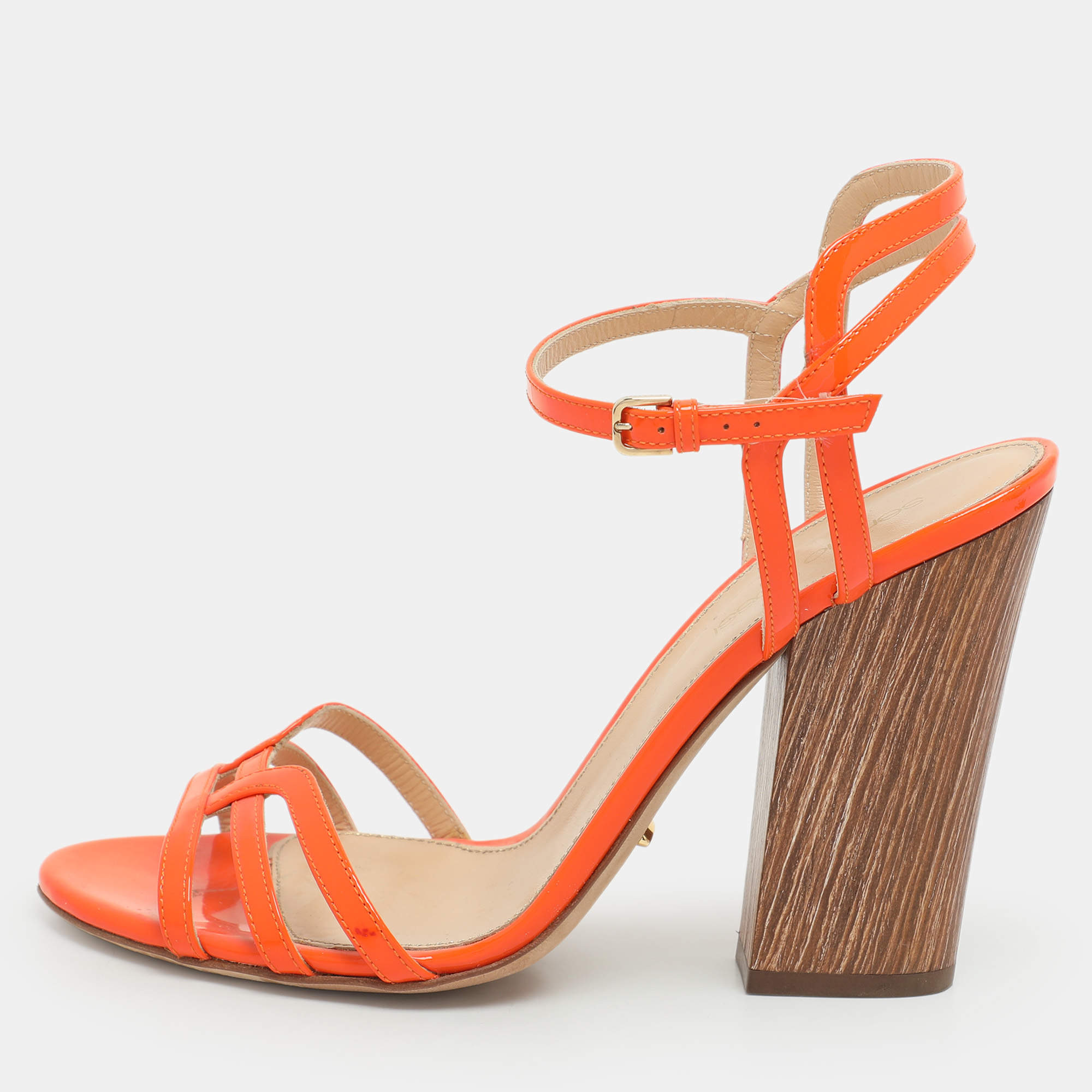 Pre Owned Sergio Rossi Orange Patent Leather Ankle Strap Sandals Size 38