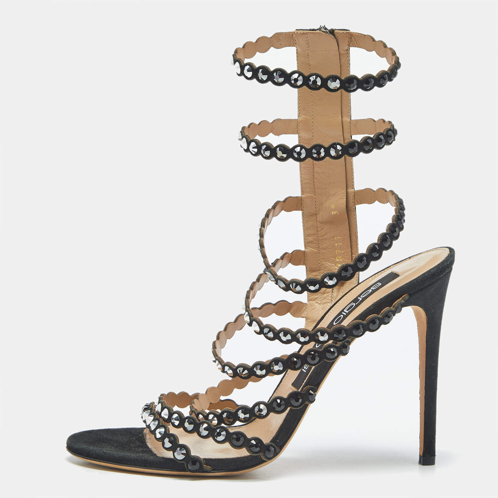Pre Owned Sergio Rossi Black Suede Crystal Embellished Ankle Strap Sandals Size 39