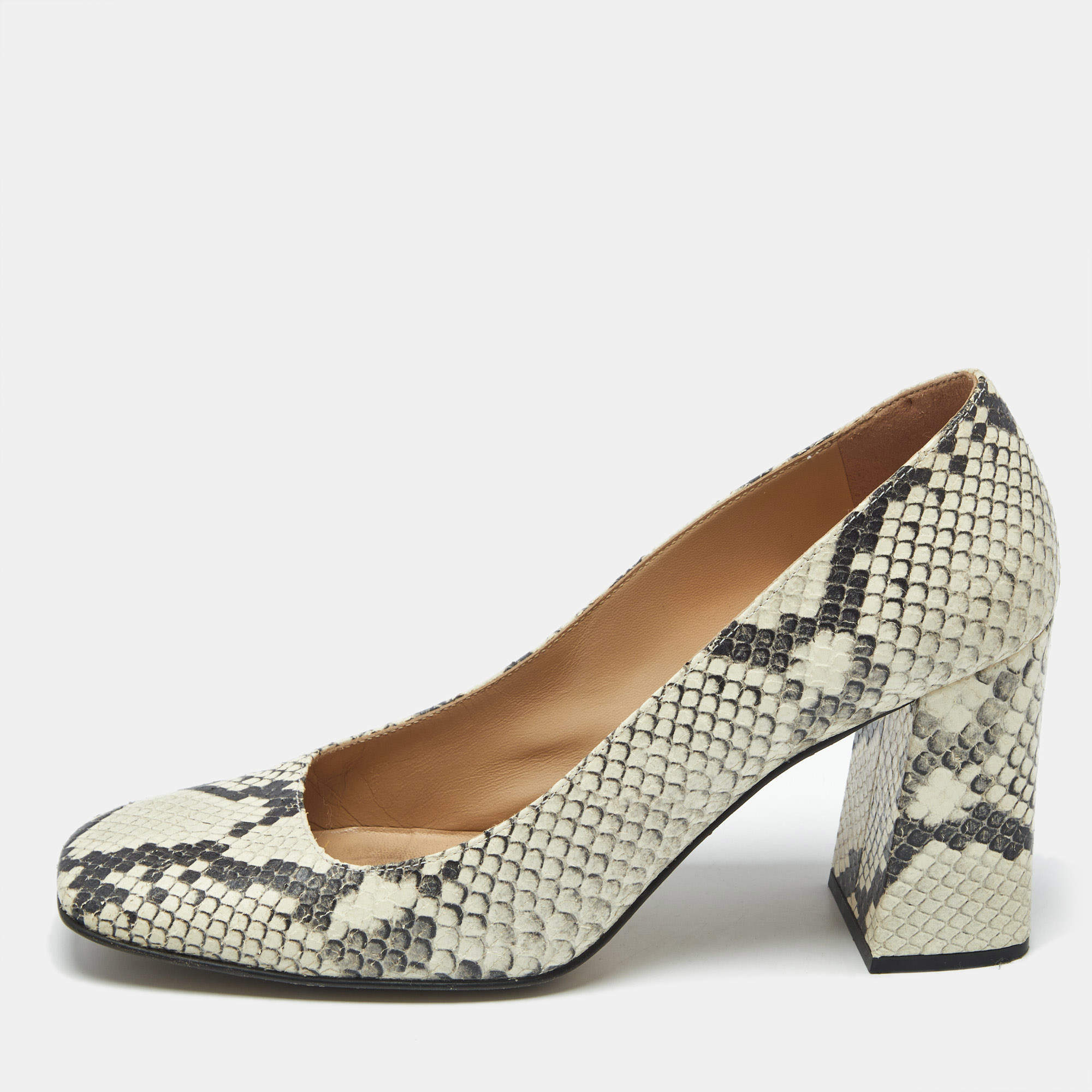 Pre Owned Sergio Rossi Beige Python Embossed Leather Block Heel Pumps Size 39