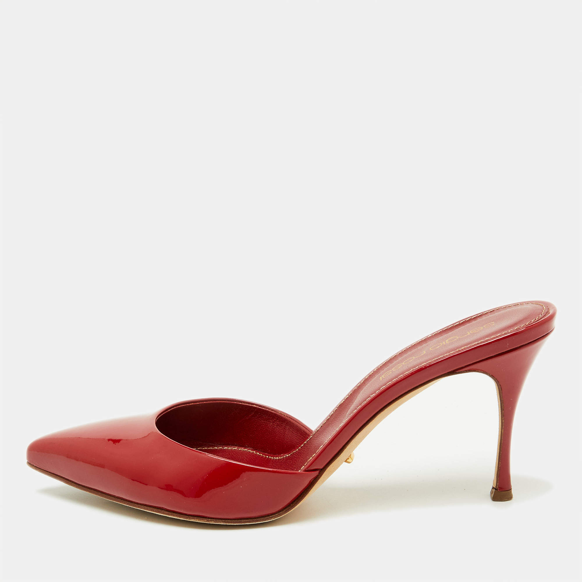 Pre Owned Sergio Rossi Red Patent Leather Pointed Toe Mules Size 35.5