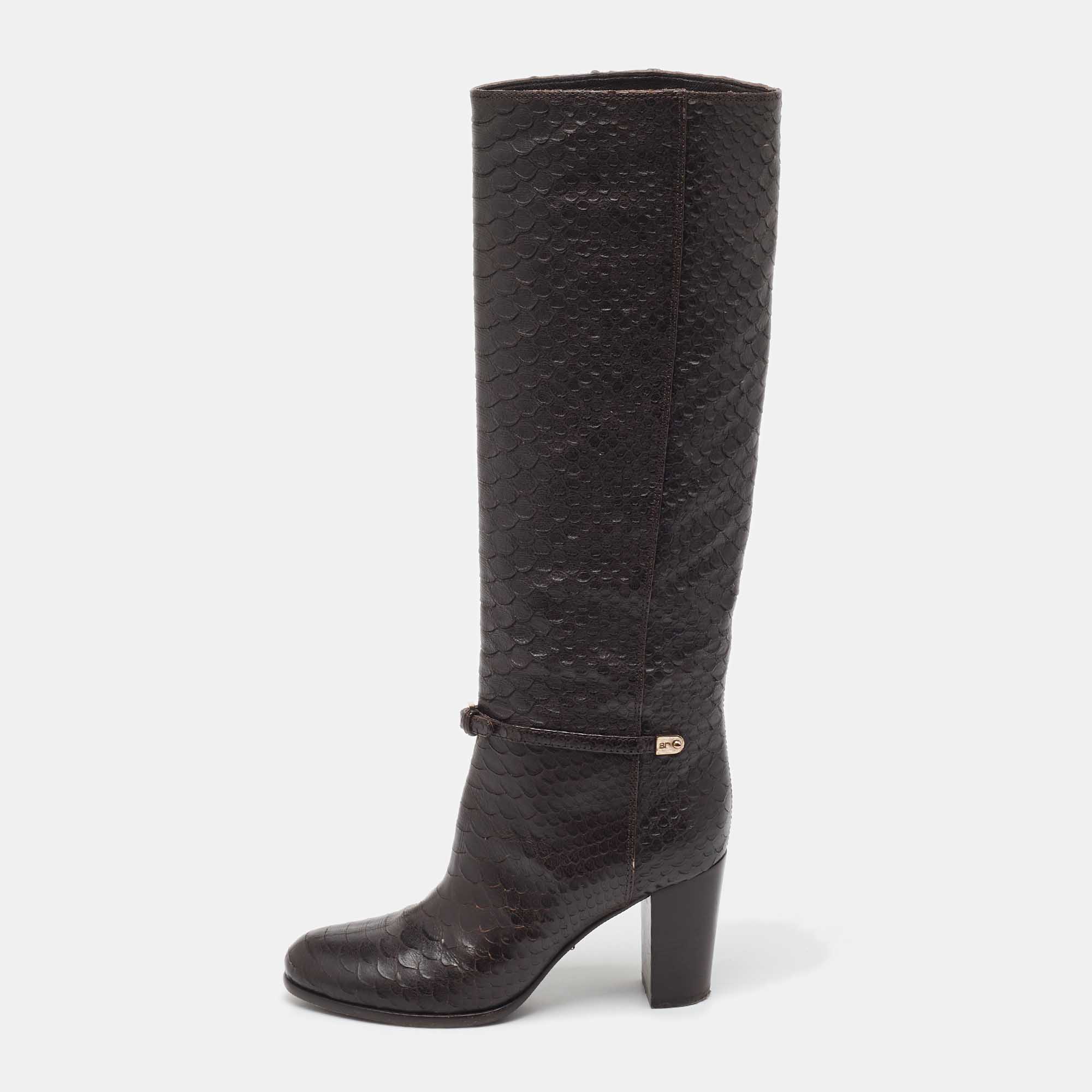 Pre Owned Sergio Rossi Dark Brown Python Embossed Leather Knee Length Boots Size 35.5