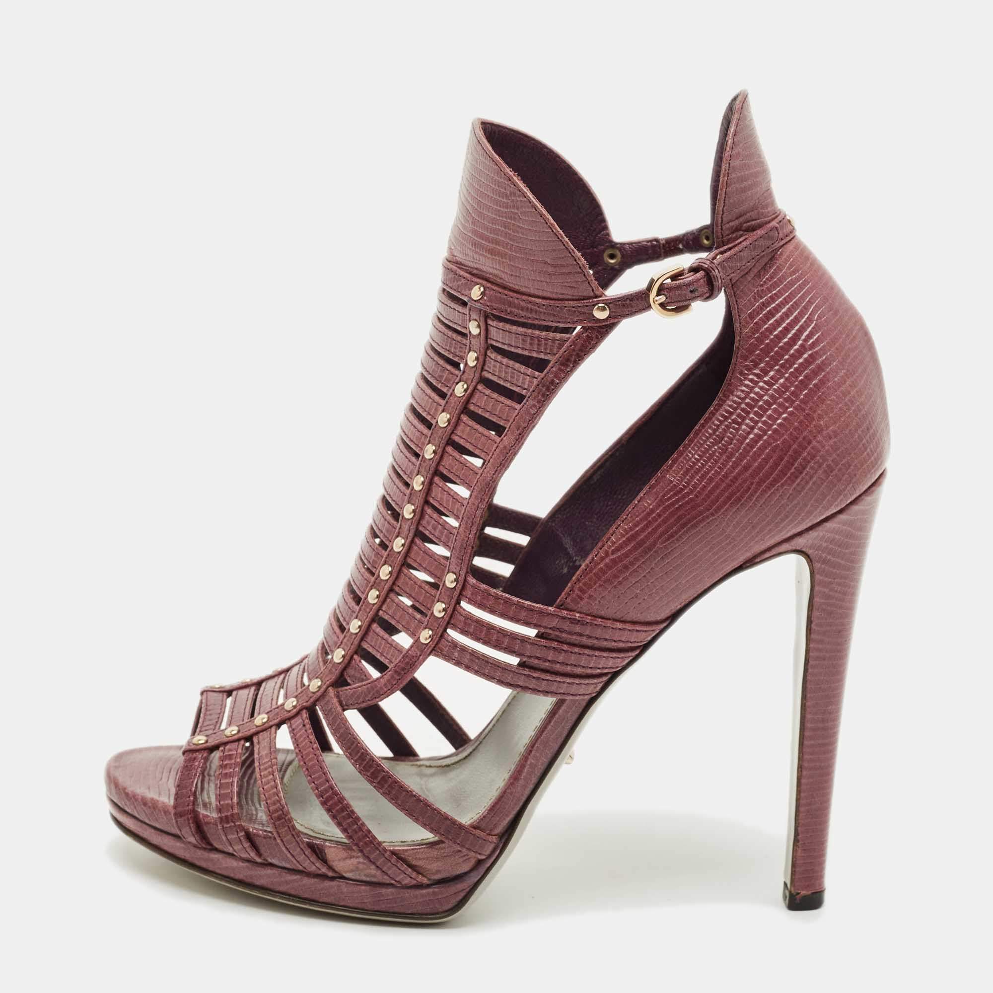 Pre Owned Sergio Rossi Purple Lizard Embossed Leather Gladiator Sandals Size 37