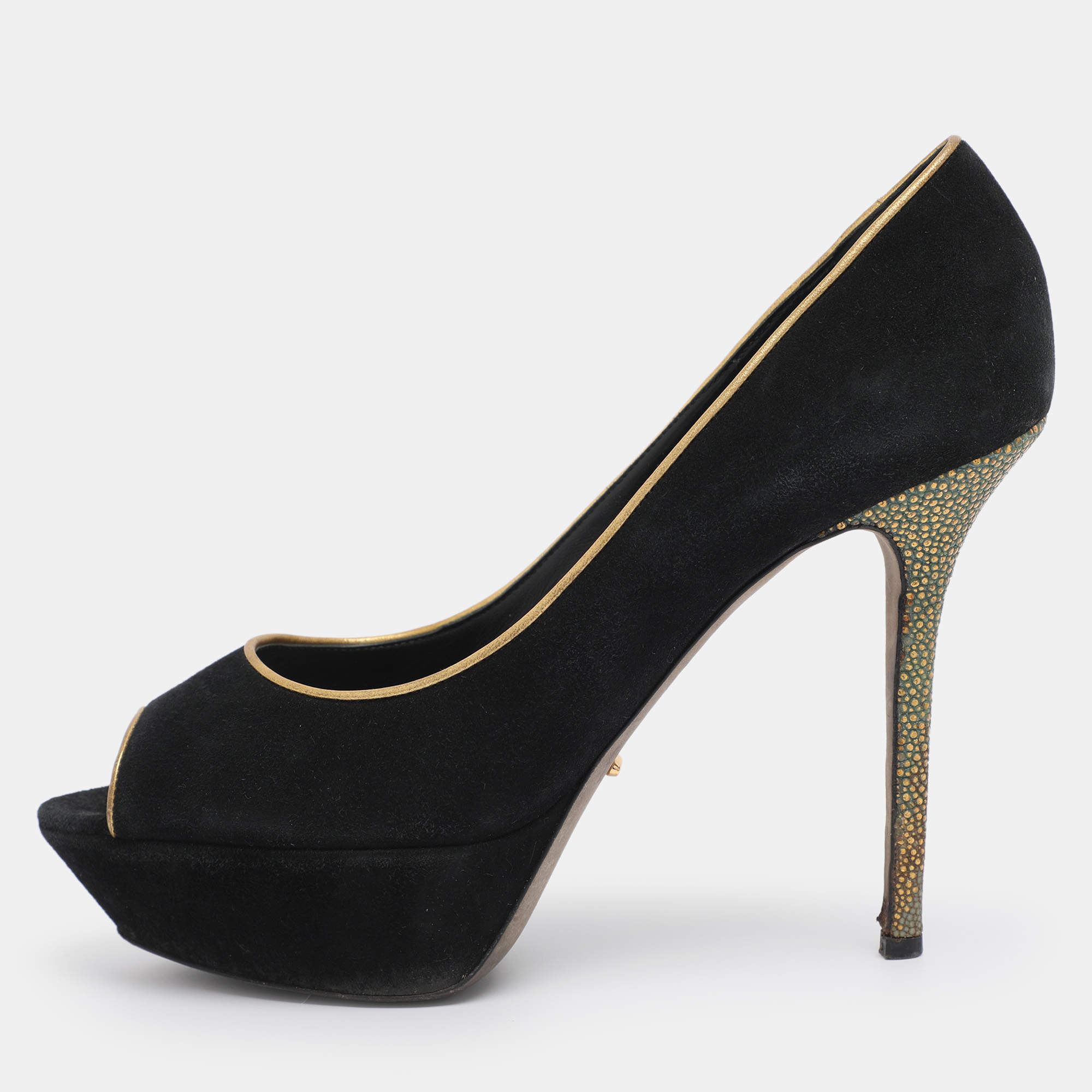 Pre Owned Sergio Rossi Black Suede Peep Toe Platform Pumps Size 40