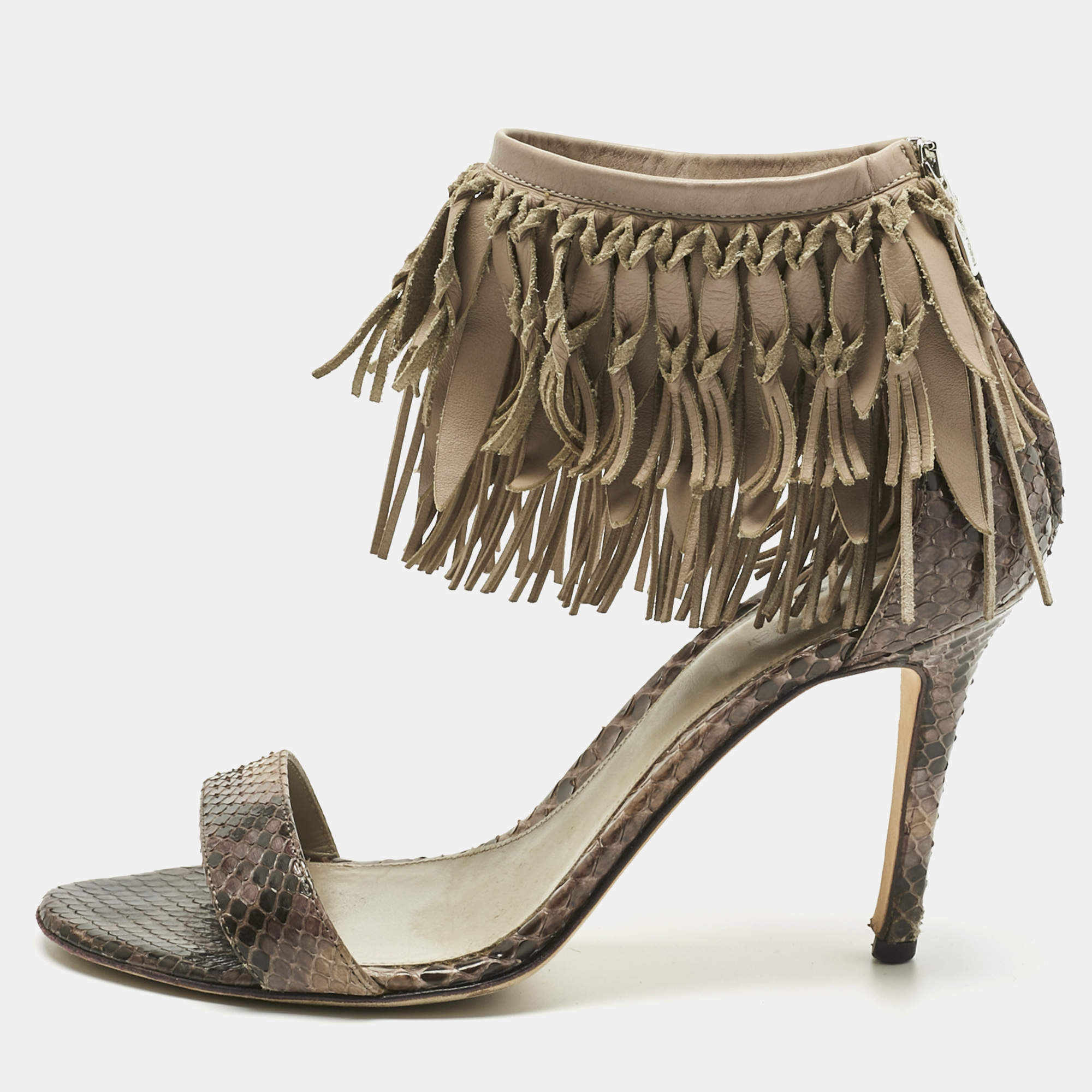 Pre Owned Sergio Rossi Brown Leather and Python Leather Ankle Strap Sandals Size 38