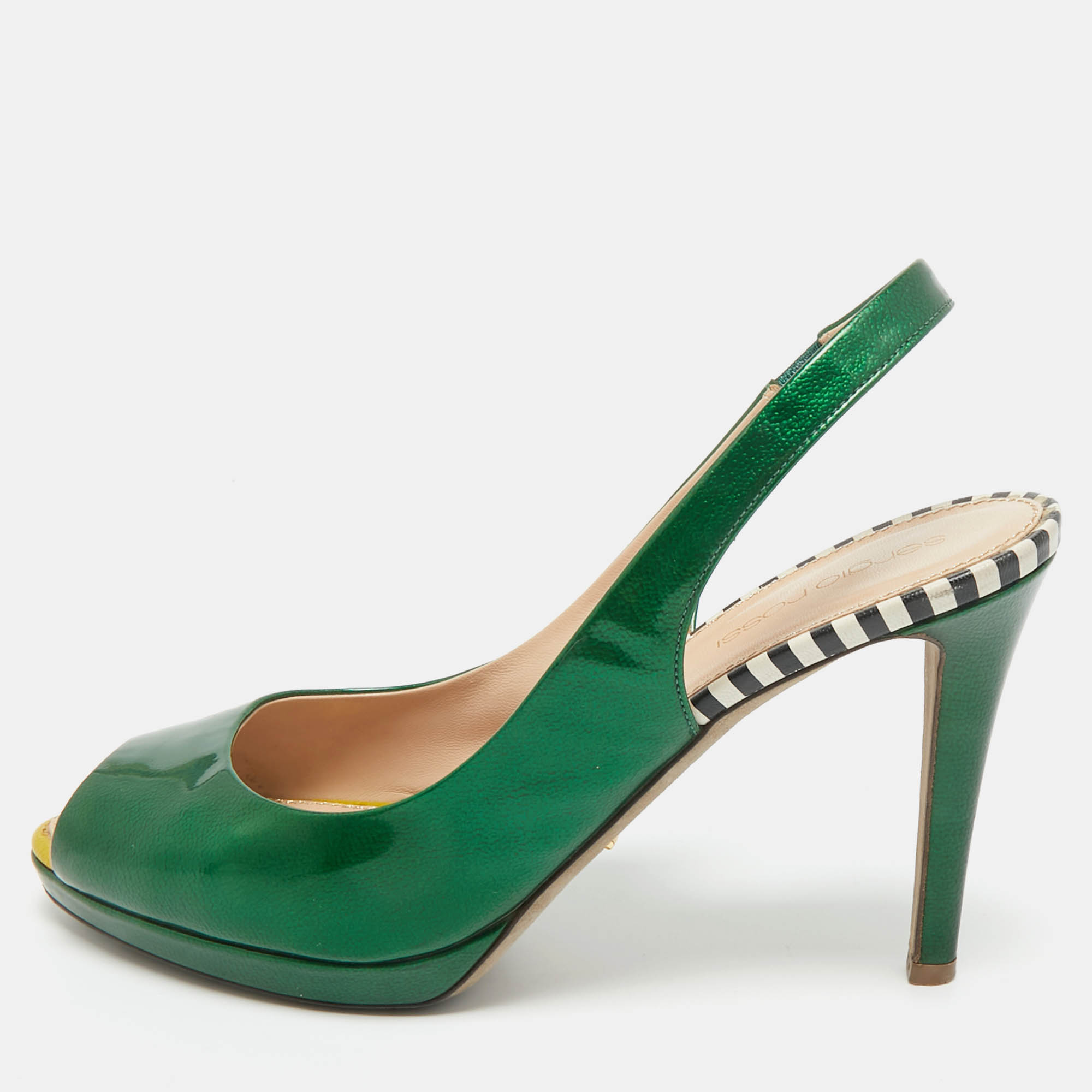 Pre Owned Sergio Rossi Green Patent Leather Peep Toe Slingback  Pumps Size 38