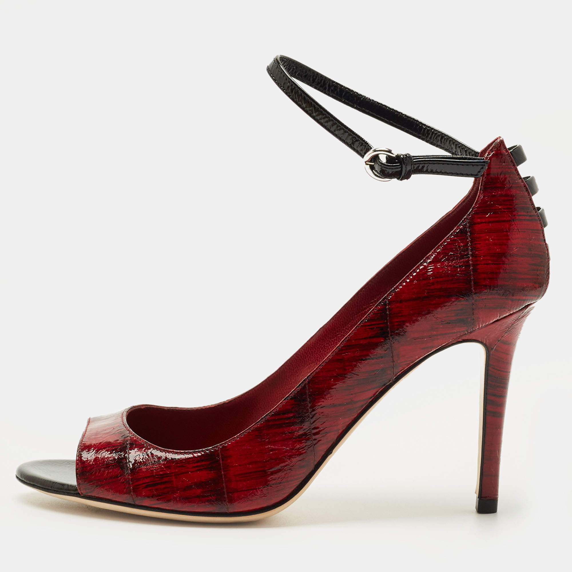 Pre Owned Sergio Rossi Red/Black Eel Leather Peep Toe Pumps Size 38.5