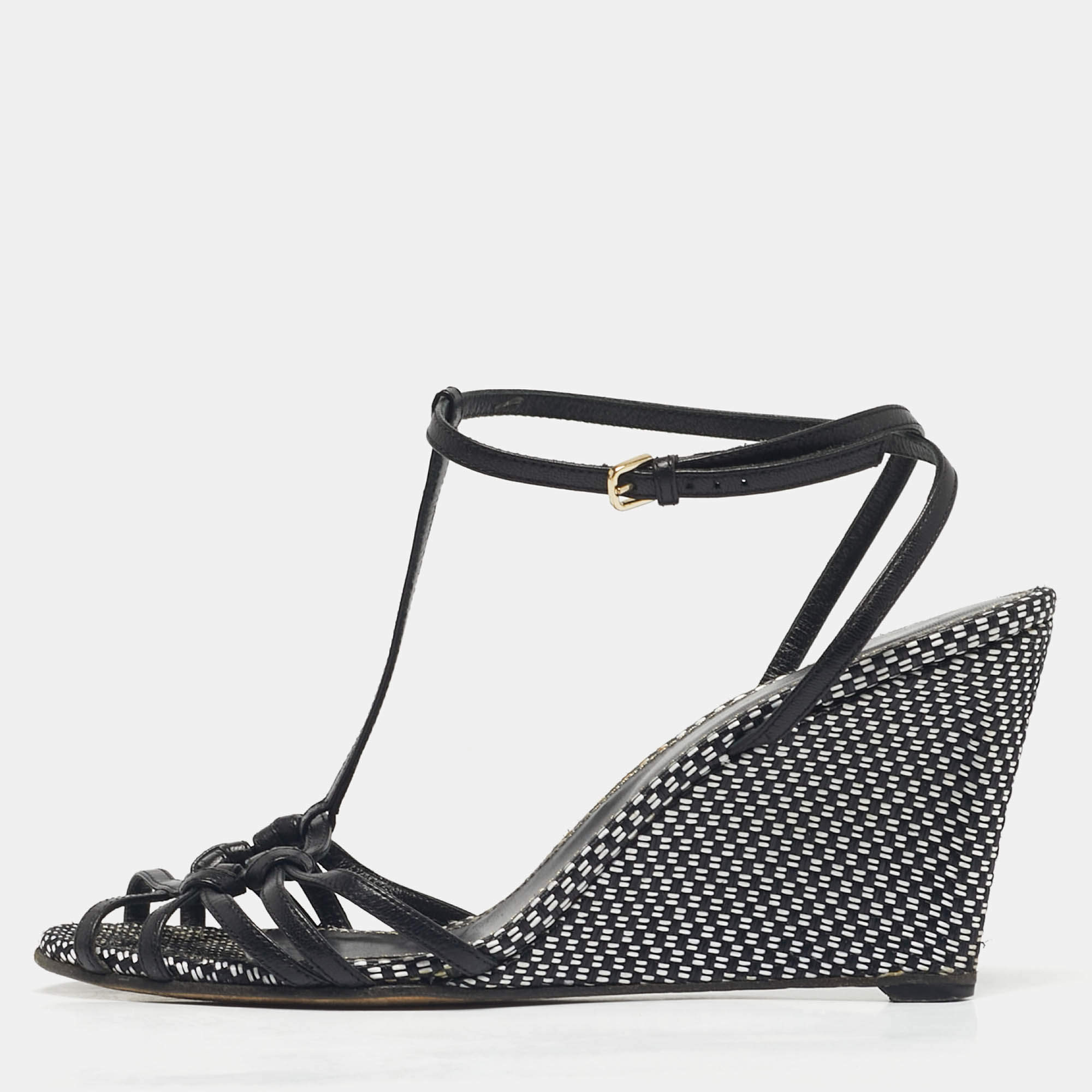 Pre Owned Sergio Rossi Black/White Raffia Ankle Strap Wedge Sandals Size 38.5