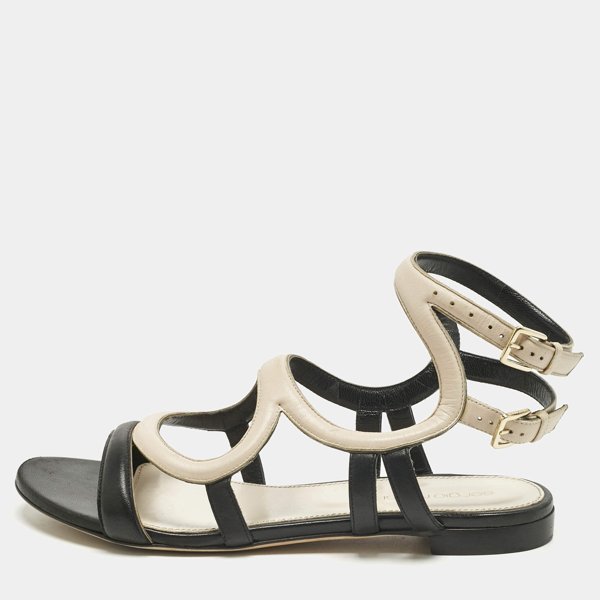 Pre Owned Sergio Rossi Black/Cream Leather Ankle Strap Flat Sandals Size 39