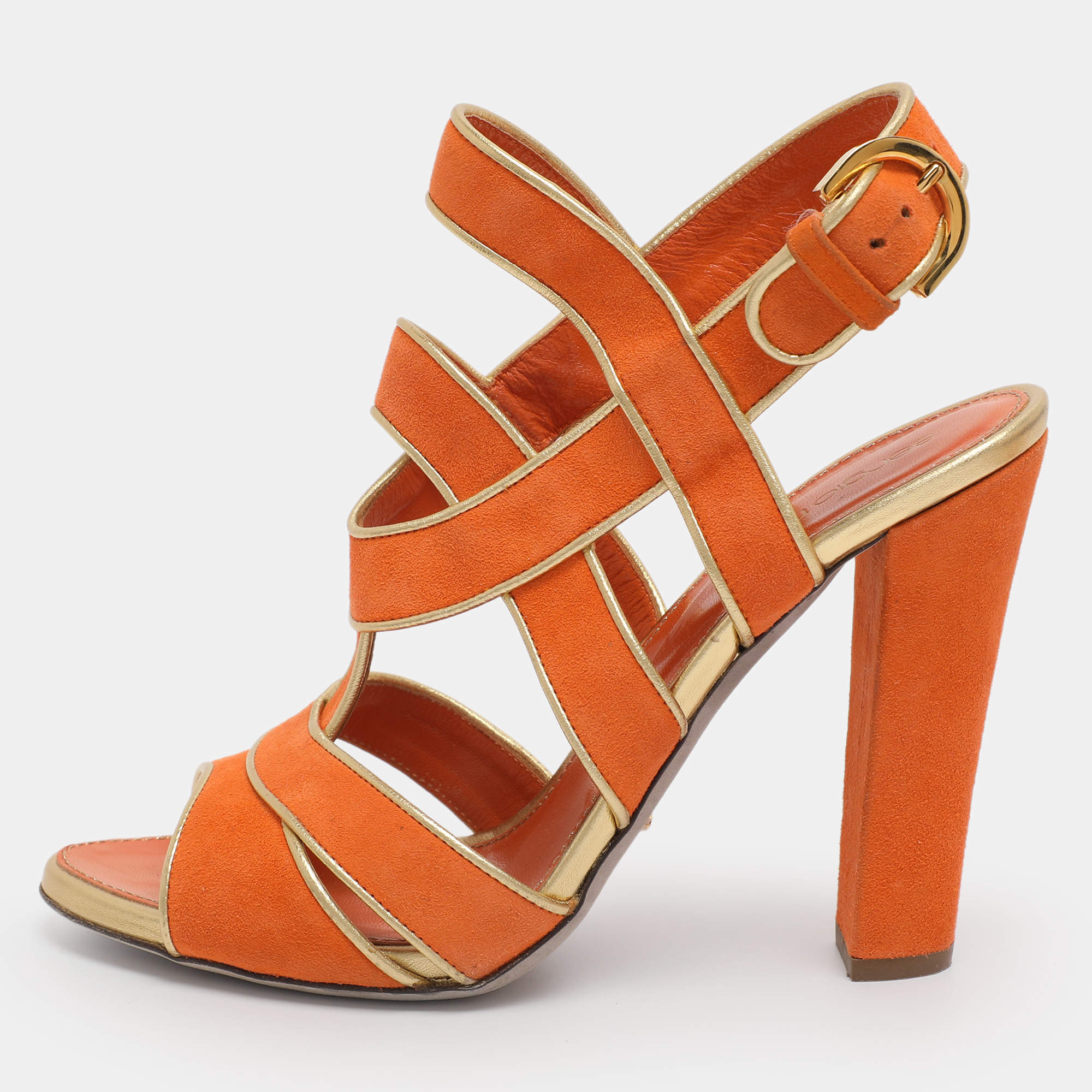 Pre Owned Sergio Rossi Orange Suede Strappy Slingback Sandals Size 38
